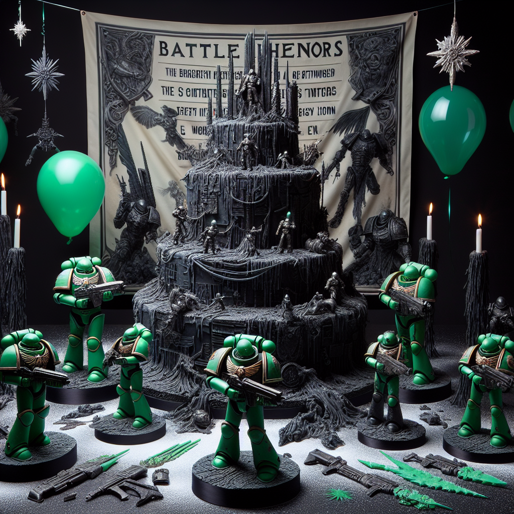 Visualize a birthday scene that displays an evocative fusion of surreal and real elements, inspired by an intense, dark science fiction universe. The centerpiece is a multi-layered cake, designed with icing mimicking the rough terrain of a deserted, battle-damaged planet. Metallic figurines clothed in distinctive green power suits, complete with emblems, stand in formation on top of the cake. Green and black paper streamers adorn the surroundings, and helium balloons matching the armor color float in the atmosphere like silent observers. Differing from a customary birthday banner, a banner in ornate Gothic lettering presenting a battle honor phrase from the universe is suspended overhead, adding a remarkable weight to the imaginative celebration.
Generated with these themes: Warhammer 40K, and Dark Angels.
Made with ❤️ by AI.