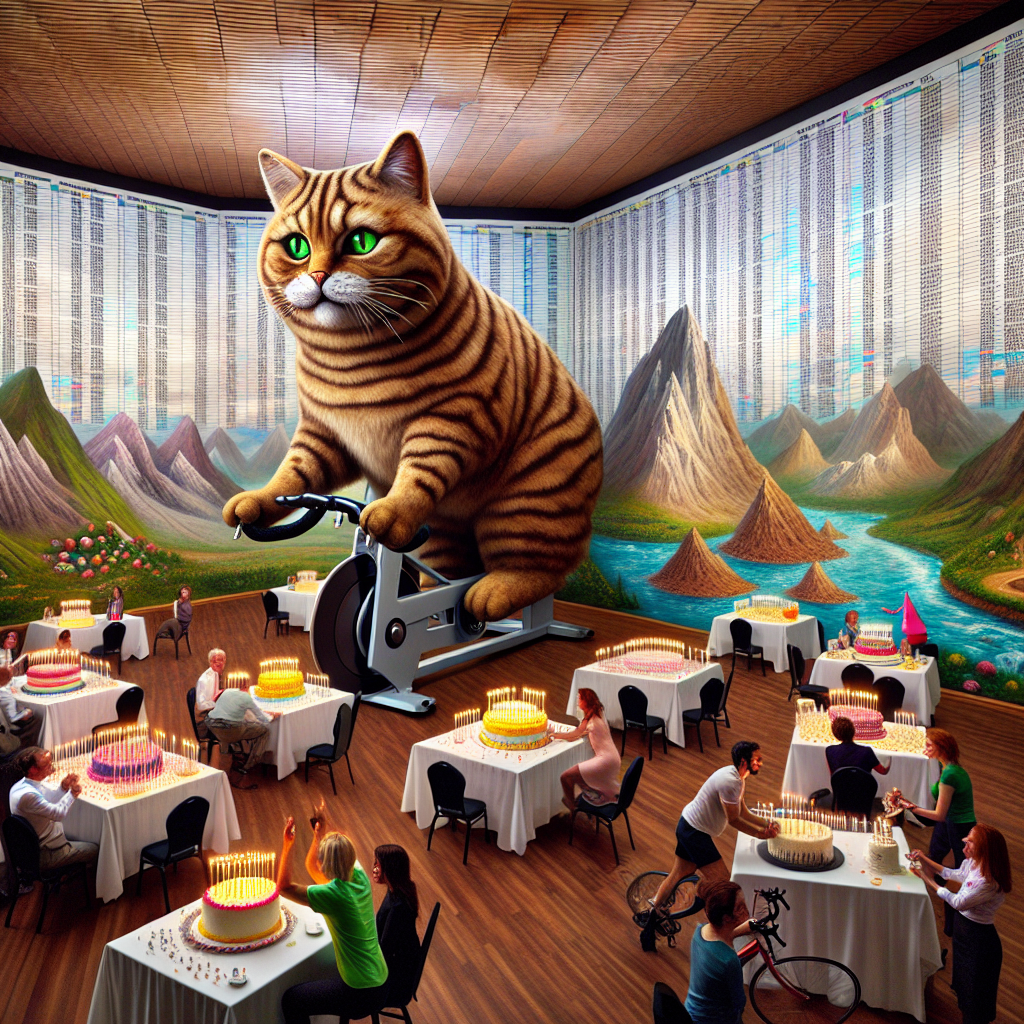 Envision an unusual birthday party combining the conventional and the eccentric. At the heart of it, a lavish tabby cat mascot of life-size proportions pedals a static bike, its fur design astoundingly formed from numerous spreadsheet cells. The room's walls feature remarkably real murals depicting sceneries where gigantic birthday cakes take the place of mountains, and rivers of molten candle wax fill the valleys. Party attendees of diverse descents and genders participate in a cycling competition on bicycles that generate trails of numerical information in the air, reflecting the thrill of assessing life's landmarks through spreadsheets.
Generated with these themes: Tabby cat, Cycling, and Spreadsheets.
Made with ❤️ by AI.