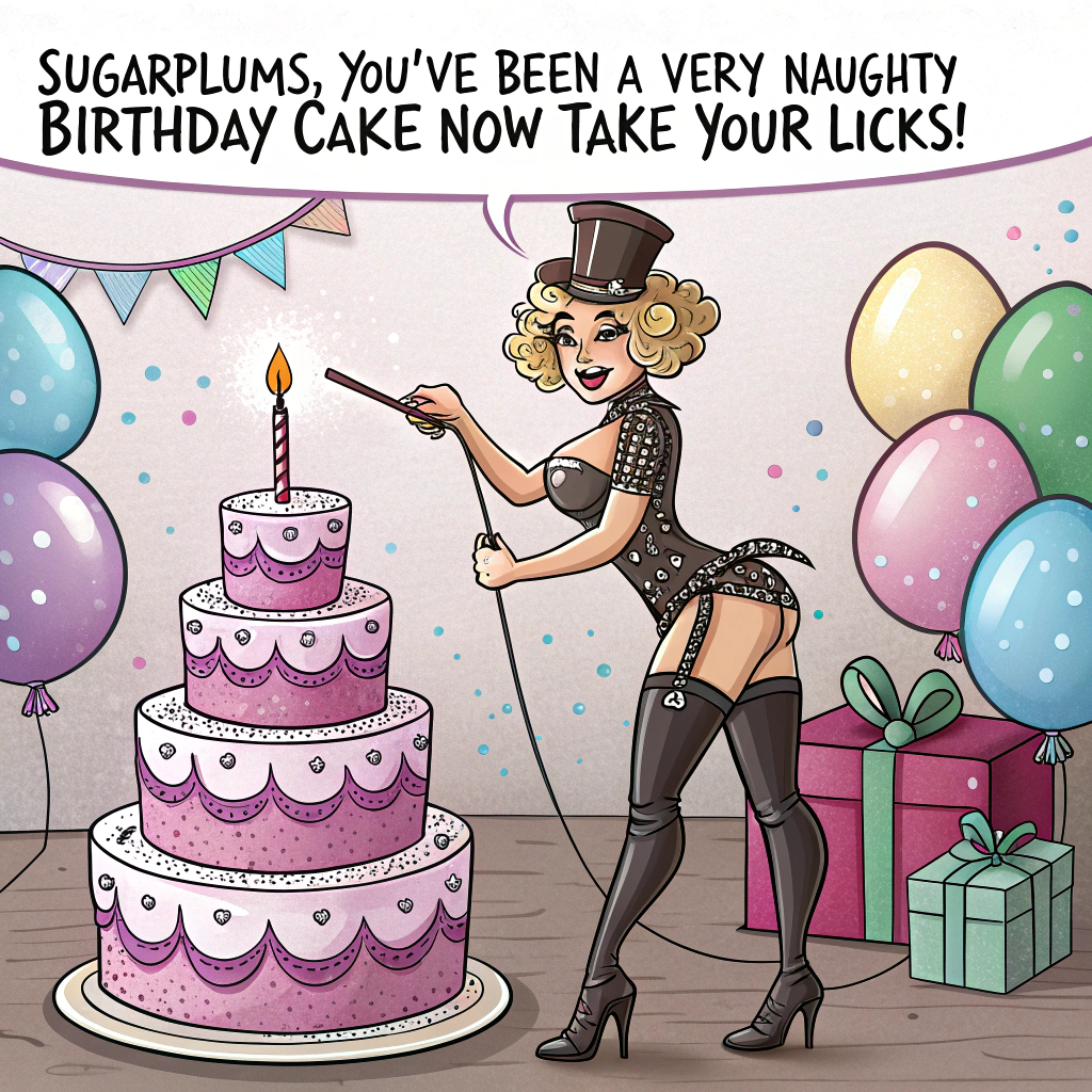 At the top of the image, "Sugarplums, you've been a very naughty birthday cake — now take your licks!"

- Create a cheeky, cartoon-style illustration featuring a playful dominatrix theme: a flamboyant birthday party setting with balloons, streamers, and a glittery disco ball.
- A cartoon Mistress (dressed fabulously, in glittery leather and party hat) holds a giant feather tickler in one hand and a cake server in the other, standing confidently beside a giant tiered cake with a face, arms, and legs — the cake is clearly "Sugarplums," wide-eyed and blushing, with a cherry on top.
- Around them, cartoon partygoers — including anthropomorphic candles, confetti with eyes, and maybe a spanked cupcake — laugh and cheer.
- Emphasize humor, sass, and playful absurdity, keeping everything whimsical, bold, and brightly colored for a fun birthday vibe.
Generated with these themes: Mistress punishing her slave.
Made with ❤️ by AI.