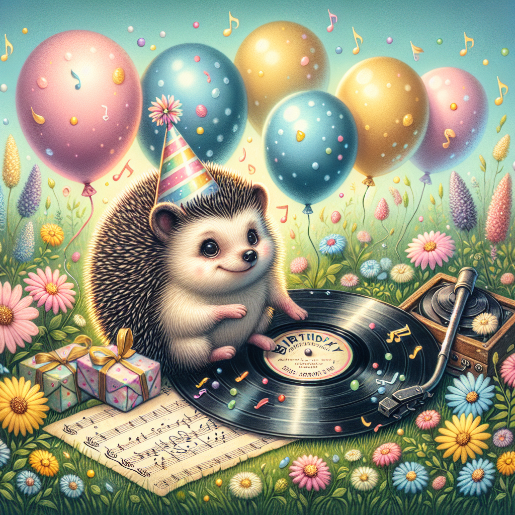 A heartwarming and radiant birthday-themed illustration touched with nostalgia. An adorable hedgehog at the center is adorned with a cheerful party hat, enclosed by pastel-colored balloons. Lying next to the hedgehog is a vinyl record, reminiscent of the iconic '60s tunes, garnished with subtle, floating musical notes. This festive gathering is placed in a lush meadow in Ireland, full of vigorous wildflowers dancing softly to the rhythm of a tune resembling 'Saturday Night.' The entire scene is rendered with an overall sense of joy and festivity, perfectly celebrating the magic of a birthday.
Generated with these themes: Hedgehog, 60, Bay city rollers, Ireland, and Flowers.
Made with ❤️ by AI.