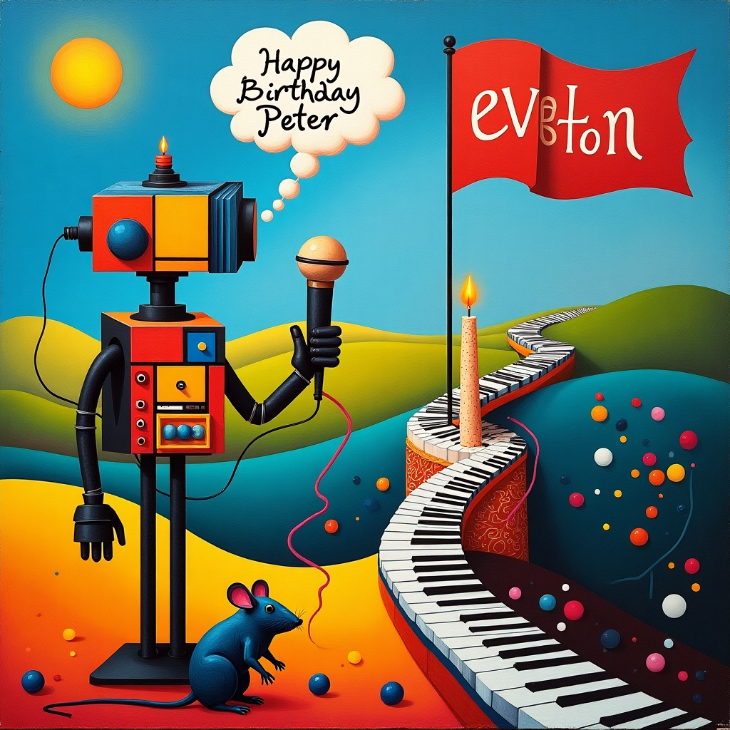 On the surreal landscape of a birthday celebration, the scene unfolds with a vibrant, abstract composition inspired by the greats. At the forefront stands a cubist robot, constructed of Mondrian-like geometric shapes and primary colors, its head an assemblage of rectangles and circles with a distinctly mechanical visage. In its hand, it holds an oversized, crystalline microphone, reminiscent of Kandinsky’s abstract forms, with swirling, colorful lines emanating from it, suggesting sound waves of joyous birthday wishes.

Adjacent to the robot, a lively rat with a dapper bowtie, rendered in de Kooning’s expressive brush strokes, appears to dance with gleeful abandon, its tiny feet tapping out a rhythm on a piano key-patterned path that spirals into the horizon. Above, the sky is a Rothko-esque gradient of deep blues and electric yellows, creating a celestial canvas for a cloud formation spelling out "Happy Birthday Peter" in a playful Miro-style script. 

To the right, an Everton football flag, designed with Malevich’s suprematist simplicity, flutters in the gentle breeze, its bold colors and sharp lines standing out against the abstract background. In the center of the scene, a towering birthday cake composed of Pollock-like splatters and drizzles is topped with a single, towering candle. Twombly-esque scribbles dance around the entire scene, adding an ethereal and dynamic energy, guiding the eye from one element to the next, telling the quirky tale of Peter's unique birthday extravaganza.
Generated with these themes: Robot, Microphone, Rat, and Everton .
Made with ❤️ by AI.
