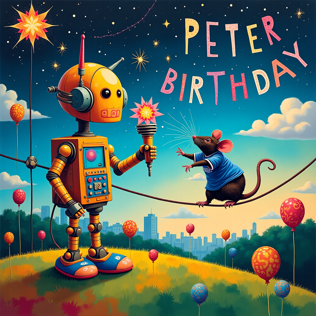 In this surreal abstract birthday scene, inspired by a blend of Kandinsky's dynamic forms, Mondrian's geometric precision, and Miró's playful whimsy, a vibrant cosmic celebration unfolds. At the center, a whimsical robot stands, constructed from a collage of iridescent geometric shapes and circuit patterns, holding an oversized microphone shaped like a blooming flower. This microphone emits soundwaves visualized as colorful swirling lines reminiscent of Pollock's action painting. To the robot's right, a rat dressed in a mini Everton football jersey, its tiny eyes sparkling with mischief, balances on a tightrope that stretches across the card, its tail artistically coiled into a spiral. 

Behind this scene, an abstract cityscape echoes with Mondrian-inspired blocks of blue, white, and green, subtly hinting at Everton's iconic colors. Floating above is a constellation of stars, where Peter's name is spelled out in twinkling letters as if the night sky itself is singing the birthday tune. The background transitions from deep navy to a dawn-like gradient, infusing Rothko's color field influence, as abstract clouds shaped like footballs drift lazily, casting playful shadows over the scene. In the foreground, a patchwork of de Kooning-style strokes forms a grassy field, punctuated by balloons with swirling Cy Twombly scribbles that appear to celebrate in their own coded language. This surreal assembly of elements tells a quirky tale of technological wonder, sports enthusiasm, and cosmic festivities, all converging in a jubilant tribute to Peter's special day.
Generated with these themes: Robot, Microphone, Rat, and Everton .
Made with ❤️ by AI.