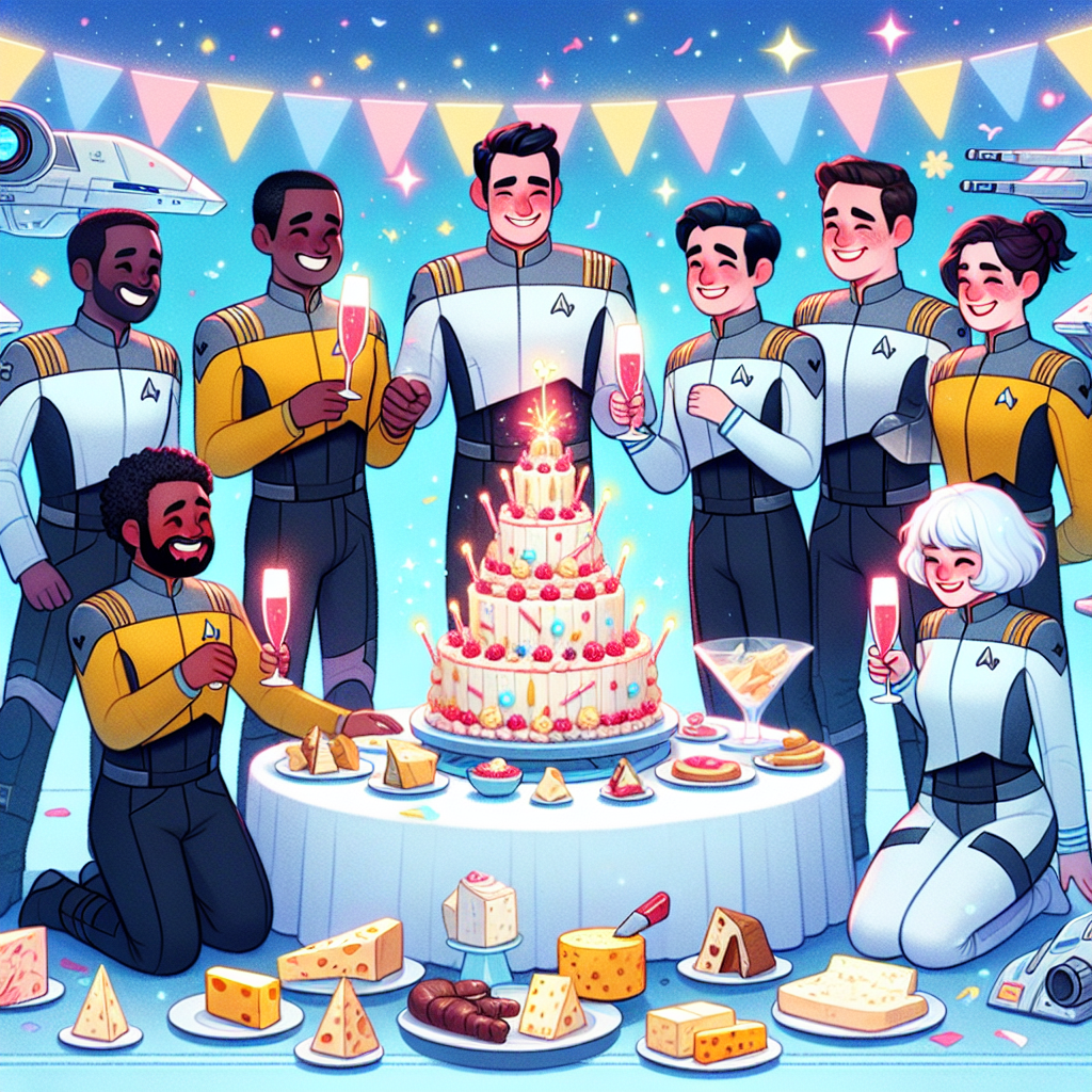In this delightful birthday-themed illustration, we see a scene straight from a galaxy-faring universe. A diverse group of off-duty space crew members, comprised of different genders and descents such as Hispanic, Caucasian, Middle-Eastern, engage in festive merriment. They gather around a table laden with an assortment of futuristic-looking cheeses and a tower of refreshingly bubbly futuristic drink. A character dressed in a festive uniform makes a light-hearted reference to their adventures while making a birthday toast. The background is adorned with soft pastel hues, capturing the essence of a celebration held in the lower tier of the spaceship, with cosmic bursts and celestial decorations enhancing the cute, celebratory vibe.
Generated with these themes: Star trek below decks, Beer, and Cheese.
Made with ❤️ by AI.