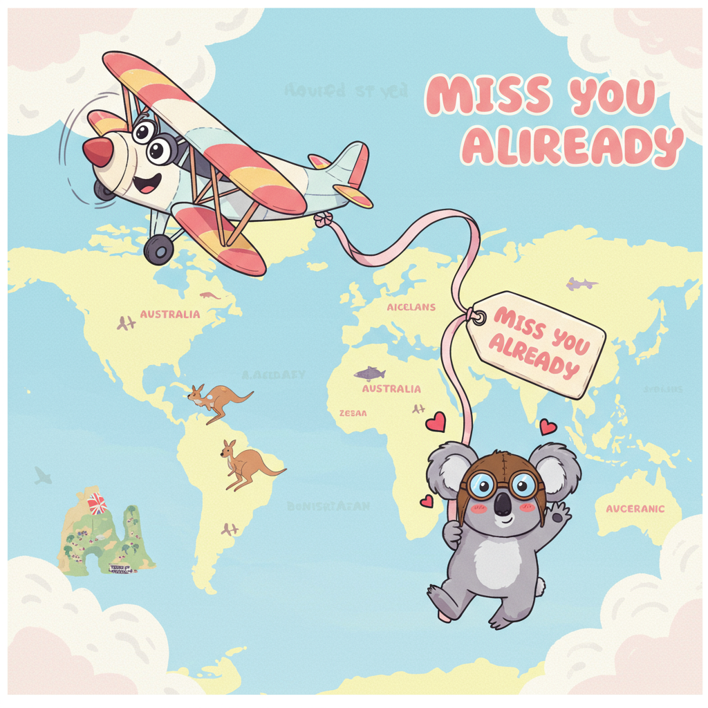 A plane flying from Australia to Ireland, A long ribbon with a tag on the on the end swirling out of the plane. The tag must say miss you already, A koala , and Farewell Card