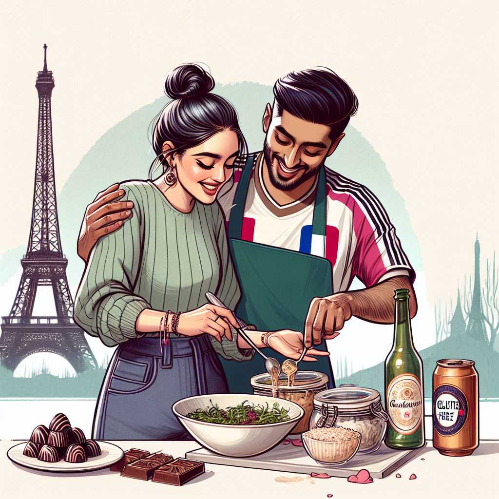 Generate an image capturing a tender moment between a South Asian man and a Middle Eastern woman celebrating their relationship milestone in Paris. The illustration should incorporate elements of whimsy and merriment. Picture them actively participating in a cooking activity, each of them donning football shirts. Integrating in the scene are essential symbols of their shared hobbies and adoration for one another: a bottle of gluten-free beer and a plate filled with high-end chocolates. Set this touching celebration against a striking silhouette of the Eiffel Tower, rendered with soft, pastel hues and expressive, playful lines.
Generated with these themes: Gluten free beer, Football, Paris, Chocolate , and Cooking.
Made with ❤️ by AI.