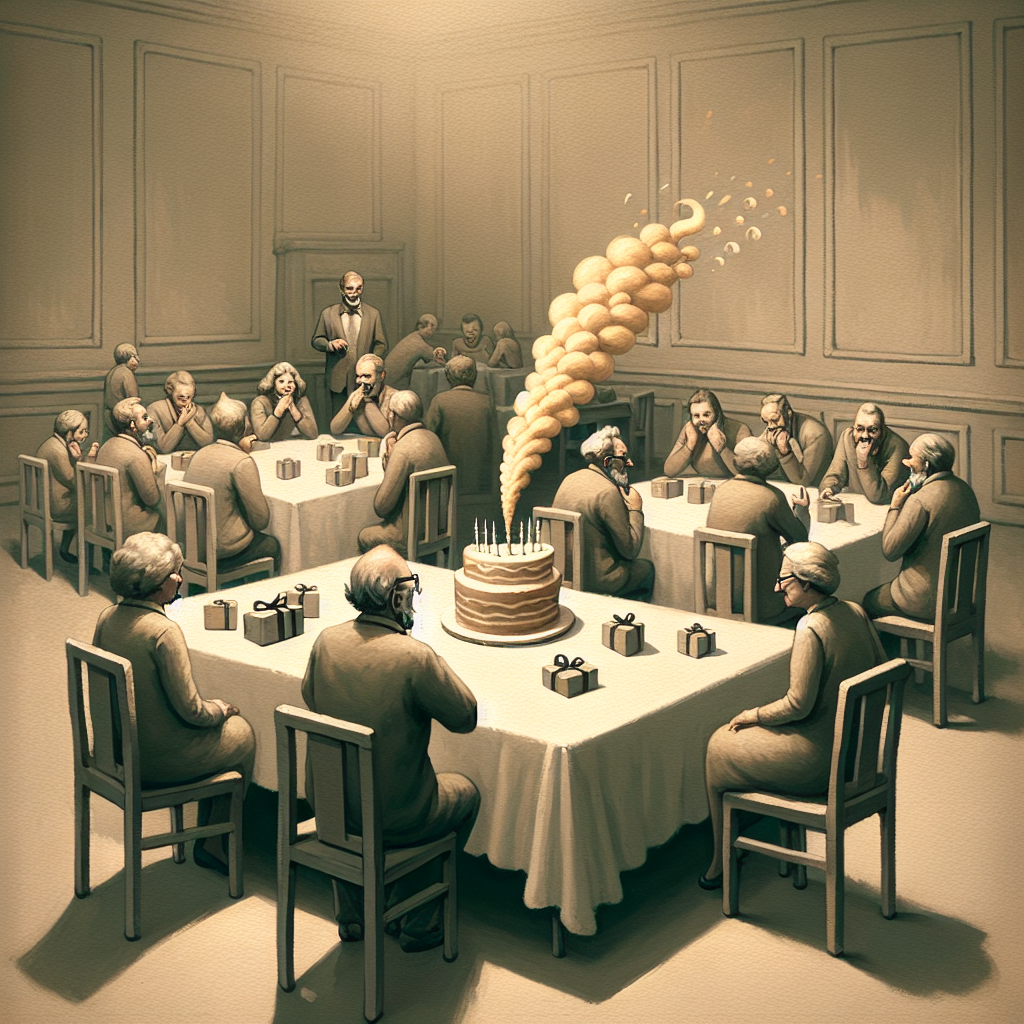 Depict a Spartan and realistic birthday party scene immersed in muted tones. A modestly decorated cake is positioned on a basic table which is set against the backdrop of a few simplistic chairs, denoting celebration in minimalism. The crowd is engaged in mellow conversations, generating a thoughtful aura in the room. Suddenly, light-hearted fart sound effects echo in the room, emerging from an amusing gimmick concealed within the pile of presents, weaving an unexpected vibrant thread in the otherwise sober ambiance.
Generated with these themes: Farts.
Made with ❤️ by AI.
