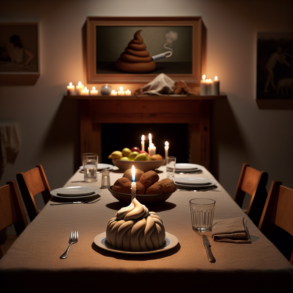 Imagine a room bathed in dim lighting, accentuating a calming atmosphere during an intimate gathering. Centre stage is a single, elegant cake, made more noticeable by a solitary candle's radiance, creating quite a fitting and evocative contrast with the overriding theme of humor - epitomized by a hidden fart machine nestled beneath a cloth napkin on the buffet table. The overall decor showcases maturity and elegance, opting for a minimalist approach characterized by muted colors and discreet decorations. It's a mature, grounded atmosphere, enlivened by episodic instances of unexpected humor and joy.
Generated with these themes: Farts.
Made with ❤️ by AI.