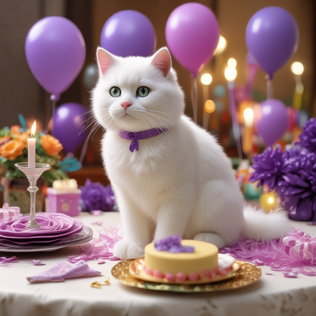 Realistic Cute, Craft an enchanting scene where a lifelike white cat is seated in the middle of a birthday party. Let the cat's fur be so realistic that it gives an impulse to the viewer to reach out and pet it. Paint the surroundings with the warm glow of purple streamers and balloons, casting a festive color across the entire setting. Adorn the table with delicate tiaras, gleaming beautifully under the sparkle of fairy lights, ready to add a royal elegance to the guests of the celebration.
Generated with these themes: White cat, Purple , and Tiaras.
Made with ❤️ by AI.