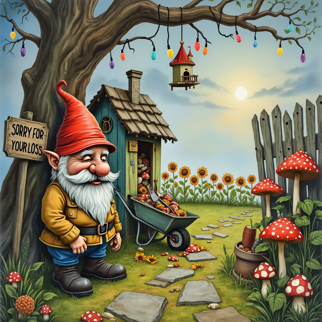 In the foreground, a quirky garden gnome with a comically exaggerated sad face, complete with a droopy mustache and a teardrop painted under one eye, is seen kneeling beside a wilted flower bed. His pointy red hat droops over to one side, almost as if weighed down by sorrow. To his left, a small, lopsided garden shed with peeling paint and a crooked door stands as a silent witness. The shed is adorned with a weathered sign that reads "Gnome's Tools." Nearby, a wheelbarrow, turned on its side, has spilled out a collection of rusty trowels and gardening gloves. 

Further back, a whimsical birdhouse shaped like a miniature castle, complete with tiny turrets and a drawbridge, hangs precariously from a bent tree branch. The tree itself is an ancient oak with twisted limbs, each branch holding colorful but drooping garden lights that haven't been lit in some time. The garden is dotted with comically large mushrooms, each one more exaggerated than the last—some with polka dots, others with stripes.

A few feet away, a garden path made of uneven, moss-covered stepping stones meanders through the scene. At the end of the path, an overturned clay pot spills out a collection of mismatched seed packets. In the background, a line of tall sunflowers, their heads hanging low as if in a moment of silence, stand next to a rickety wooden fence, which has "Sorry for Your Loss" written in wobbly, hand-painted letters.

The sky above is a mix of watercolor blues and grays, with a single ray of sunlight piercing through the clouds to illuminate the gnome and the wilted flowers, adding a touch of whimsical melancholy to the scene.
Generated with these themes: Gardening .
Made with ❤️ by AI.