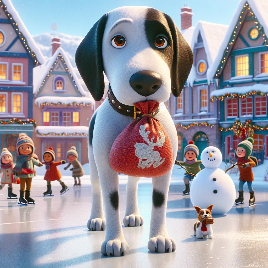Amidst a charming village square scene, a slender English Pointer dog with a glossy black and white coat and captivating brown eyes carries a tiny Santa bag in its mouth. The cartoon atmosphere is merry, with snow-covered rooftops, a glistening ice-skating rink, and children building a plump snowman in the background.
.
Made with ❤️ by AI.