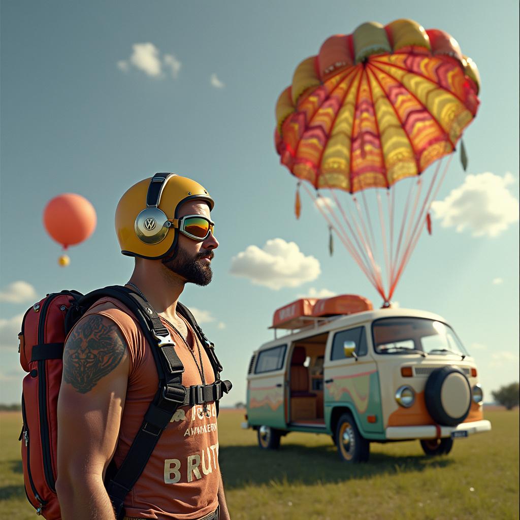 In this detailed birthday-themed scenario, a skydiver is captured at the pivotal moment just before pulling the ripcord of his parachute. The skydiver's attire includes a bespoke, aerodynamic skydiving helmet that gleams with a polished finish, designed to fit snugly over his shaved head. His face is framed by a neatly-trimmed designer stubble, which provides a contrast to the baldness above, and his eyes are shielded by high-quality goggles that wrap around his helmet, equipped to withstand the rush of the wind. Clinging to his back, the parachute—yet to unfurl—is meticulously decorated with a distinctive pattern of zigzags and dots that carry a playful vibe while still ensuring visibility from the ground. Suspended in the background is an intricately detailed VW T5 camper van, which is painted with a vibrant palette that echoes the parachute's colors. The camper van is depicted parked on a serene meadow, doors ajar, equipped with all camping necessities plus festive decorations like streamers and balloons that acknowledge the birthday theme.
Generated with these themes: Skydiver, VW T5 camper van, Parachute, Designer stubble, Bald head, Skydiving helmet, and Goggles.
Made with ❤️ by AI.