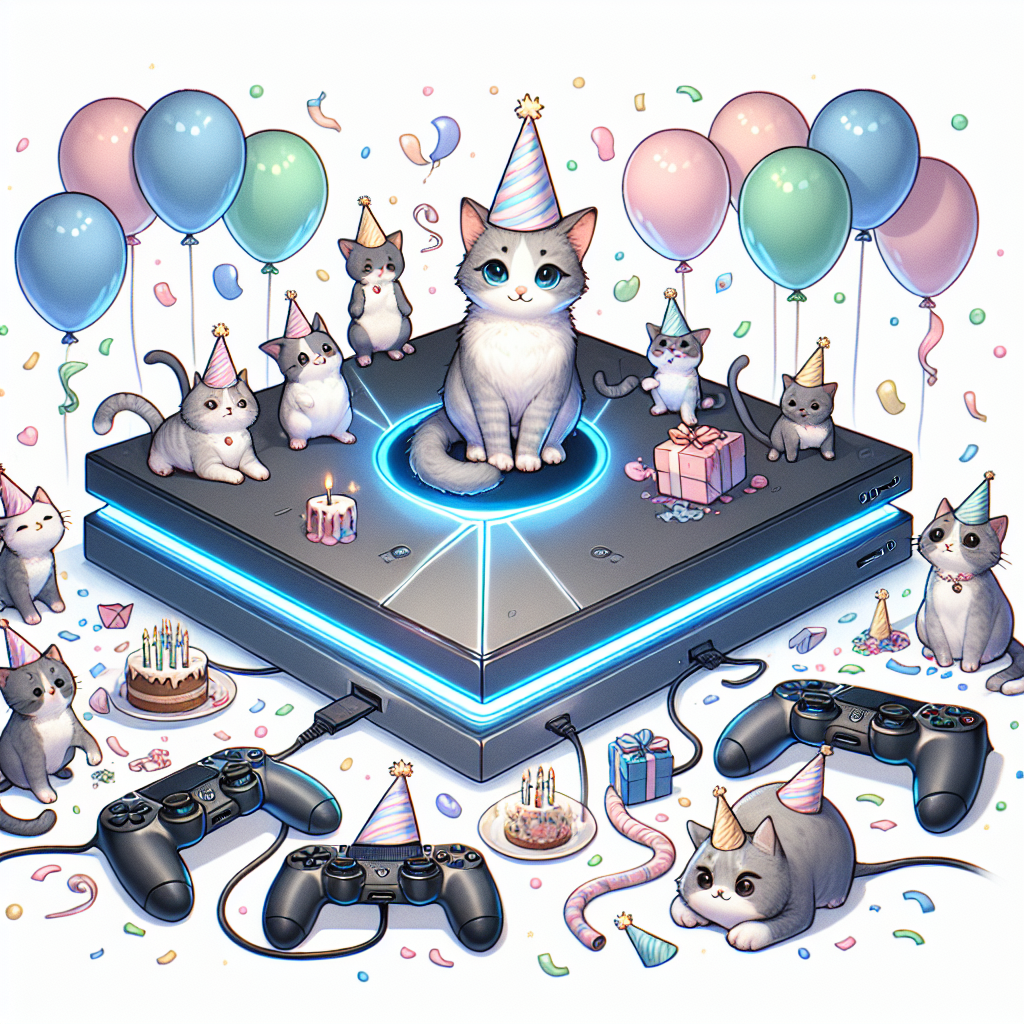 A whimsical birthday celebration illustration. The settings feature a sleek futuristic gaming console as the centerpiece. A group of playful cats, festooned with party hats, surround this central piece. Some are engaged in playful activity with the game controllers, while a particularly cheeky one has found its place atop the console. Enhancing the mood of celebration, balloons and confetti in soft pastel hues float around, filling the air with hints of joy and merriment.
Generated with these themes: Playstation 5, and Cats.
Made with ❤️ by AI.