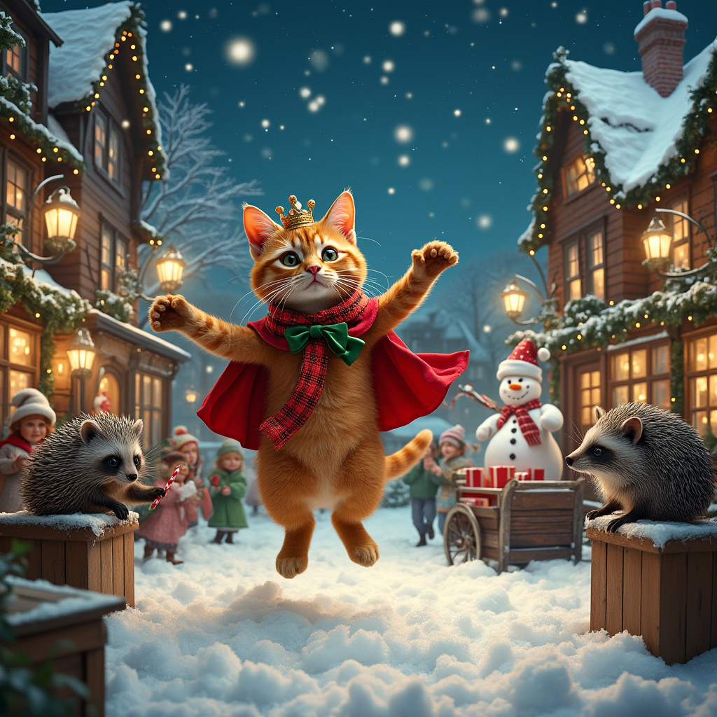 In the heart of an enchanting, snow-laden Victorian village square, a ginger cat takes center stage in a whimsical Christmas panto performance. The backdrop is a vibrant tapestry of glistening snowflakes, twinkling fairy lights draped on old-timey lampposts, and charming shop fronts adorned with wreaths and garlands. This scene is a bustling theater of joyful chaos, with the ginger cat, wearing a miniature red velvet cape and a tiny, jingling gold crown, leaping gracefully across a makeshift stage made from wooden crates and candy-striped fabric. A troupe of animals in festive costumes accompanies him; a raccoon juggling acorns with a Santa hat tilted jauntily on its head, a porcupine in a sparkling tutu, and a hedgehog rolling elegantly like a tiny, festive snowball. The audience, consisting of bundled-up children with rosy cheeks and mittens, clap and cheer, while a portly snowman with a carrot nose and a plaid scarf watches appreciatively from the side, holding a large candy cane. The air is filled with the scent of mulled cider from a nearby stall, and a sleigh laden with presents can be seen peeking out from behind the stage, suggesting an imminent, delightful surprise. Above, the night sky is a canvas of deep indigo, speckled with stars that mirror the village’s shimmering display. This surreal yet heartwarming scene captures the spirit of Christmas in an unexpected, magical twist.
Generated with these themes: Ginger cat christmas panto.
Made with ❤️ by AI.