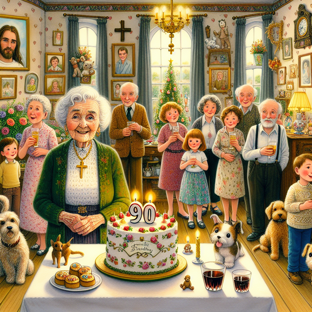 In an endearing animated picture, a richly-decorated room bustles with joy as it hosts a 90th birthday party. At the heart of the celebration is an affectionate grandmother, identifiable by her short white curly hair and smile lines, standing beside a grand cake adorned with the bold numbers '90'. The theme of the party subtly captures her Christian faith with gentle crosses and figurines depicting Jesus. Family members, different in age yet sharing familial features with the matriarch, fill the room with warmth. Adding a touch of whimsy are the various pets; dogs, cats and rabbits abound. On a table in the corner, a small glass of sherry with 'Family Love' expressions adorning the walls captures the spirit of the gathering.
Generated with these themes: Grandma, short curly white hair, some wrinkles, 90th birthday cake, Jesus, christian, Love, Sherry, Lots of animals, and Lots of family.
Made with ❤️ by AI.