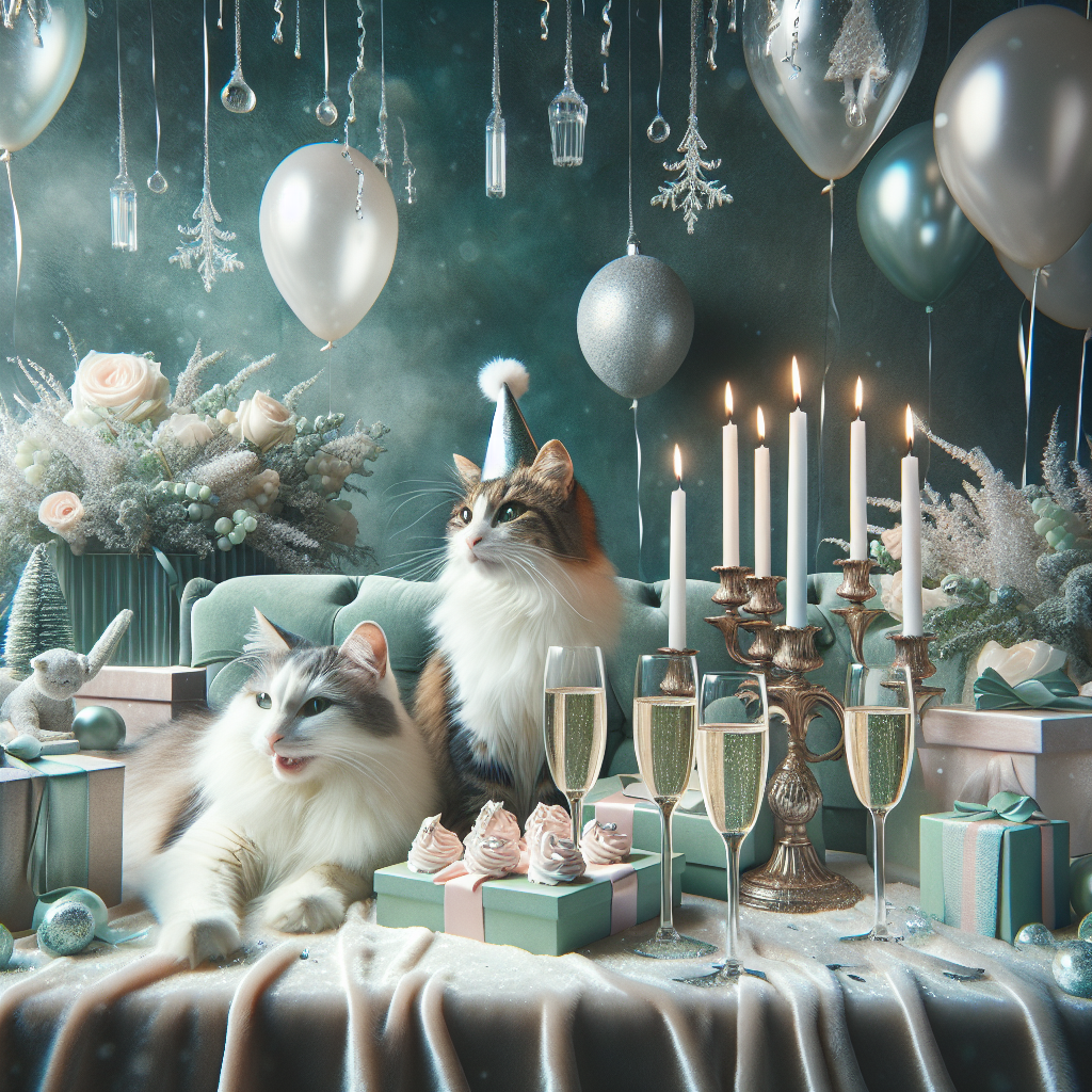 Visualize an uplifting image of a birthday celebration, where elegant white and tabby cats elegantly rest against a backdrop having a comforting sense of mint velvet textures. The atmosphere is enriched with the scent of the holiday season, with the joyous sound of bubbles escaping from flutes of Prosecco and Champagne adding a delightful touch. The decoration subtly hints at a sophisticated yet snug gathering, resonating with the bliss of companionship and the festive spirit of a holiday birthday party.
Generated with these themes: Tabby and White cats, Prosecco , Mint Velvet, Holidays , and Champagne.
Made with ❤️ by AI.