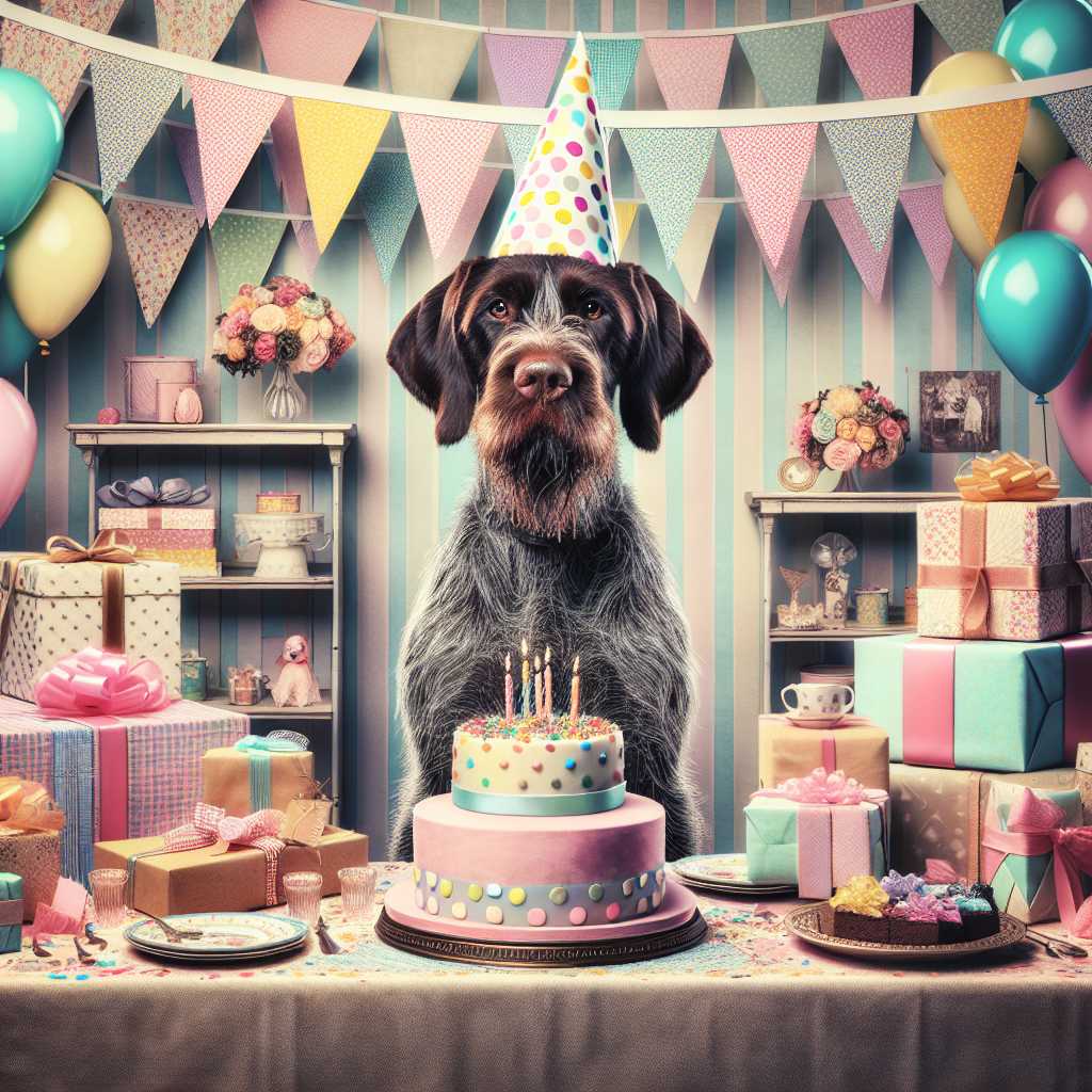 Render an image capturing a joyful birthday celebration. At the heart of the festivities is a German Wirehaired Pointer, sitting proudly and wearing a bright, polka-dotted birthday hat. The backdrop is comprised of a pastel-themed party setting, complete with a fluttering string of decorative pennants overhead. Bear witness to a table overflowing with splendid gifts and an exquisitely adorned cake. Reflect the eager anticipation evident in the dog's expression as it readies to partake in the birthday merriment and games.
Generated with these themes: German wirehaired pointer .
Made with ❤️ by AI.