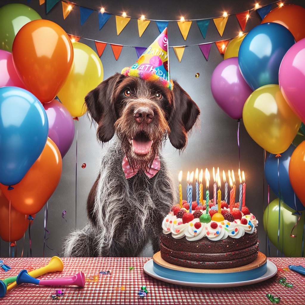 Generate a cheerful birthday-themed image featuring a joyful German Wirehaired Pointer at the heart of the scene. The dog, donning a vibrant party hat, is surrounded by an array of colorful balloons and a deliciously frosted birthday cake adorned with lit candles. The dog's tail is shown wagging in excitement, and its expressive eyes sparkle with jubilation. The overall image elicits feelings of warmth, happiness, and festivity.
Generated with these themes: German wirehaired pointer .
Made with ❤️ by AI.
