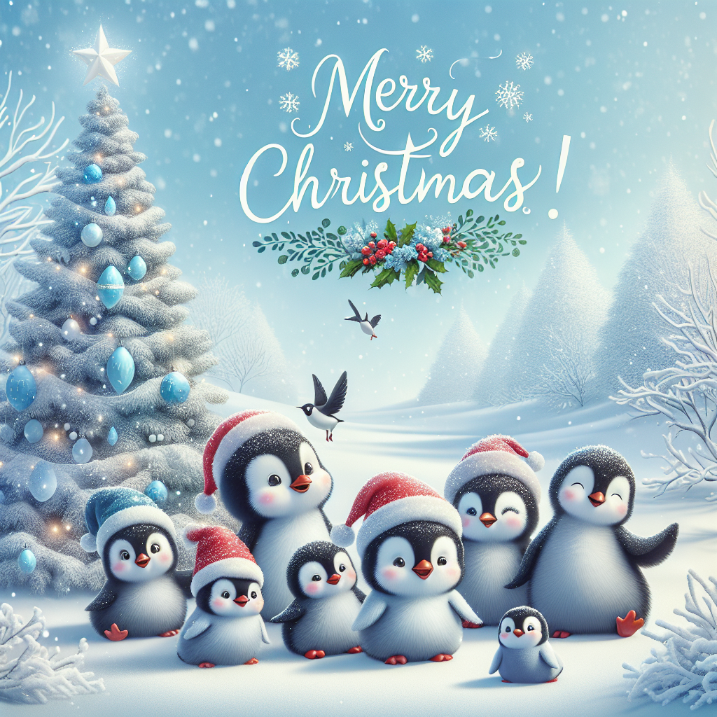 A snowy landscape with a family of cartoon penguins wearing Santa hats, gathered around a decorated Christmas tree. Snowflakes gently fall from the sky onto their black and white feathers. In the foreground, 'Merry Christmas!' is written in festive, icy blue script.
Generated with these themes: penguins.
Made with ❤️ by AI.