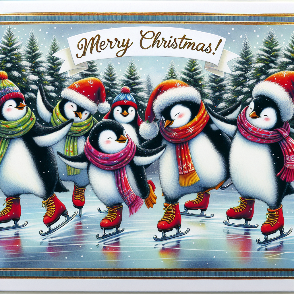 An illustrated group of penguins ice-skating on a frozen pond, wrapped in colorful scarves, with a backdrop of snow-covered pine trees. One of the penguins is playfully placing a Santa hat on another. A banner in the top corner of the scene reads 'Merry Christmas!' in elegant, gold cursive writing.
Generated with these themes: penguins.
Made with ❤️ by AI.