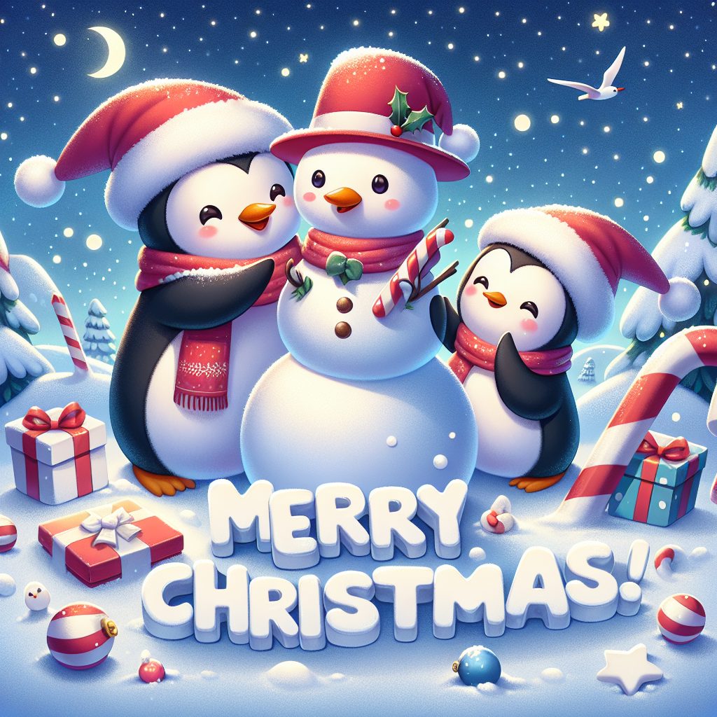 A whimsical illustration of penguins building a snowman, complete with a carrot nose and a red Santa hat. They are surrounded by candy canes and presents, with a starry night sky above them. The message 'Merry Christmas!' is written in the snow below the festive scene, in chunky white letters.
Generated with these themes: penguins.
Made with ❤️ by AI.