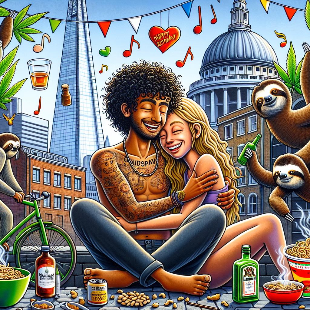 Against the towering silhouette of London's famous structures like the Shard and St Paul's Cathedral, a jubilant cartoon birthday party unfolds. A tall, curly-haired Indian male is seen embracing his Caucasian girlfriend with blonde hair in the foreground, both without any body-art. Two blissful sloths are accompanying them. A playful combination of cannabis leaves and whisky bottles decorate the surroundings, with elements of meditation and spirituality intermixed, creating a peaceful ambiance. Tucked in a corner is a green bicycle, a nod to their shared cultural heritage. Floating musical notes uplift the atmosphere, centered around a spread of instant noodles and peanuts, ready to be savored. Completing the scene is a vibrant 'Happy Birthday' banner floating overhead, enhancing the imaginative urban setting.
Generated with these themes: Whisky, Cannabis, Two sloths cuddling, Meditation and spirituality, Instant noodles, Peanuts, Music, Tall indian curly hair boyfriend no tattoos and white blonde girlfriend, Happy birthday, Great view of london shard in middle and st pauls cathedral, Green bicycle , and Indian.
Made with ❤️ by AI.