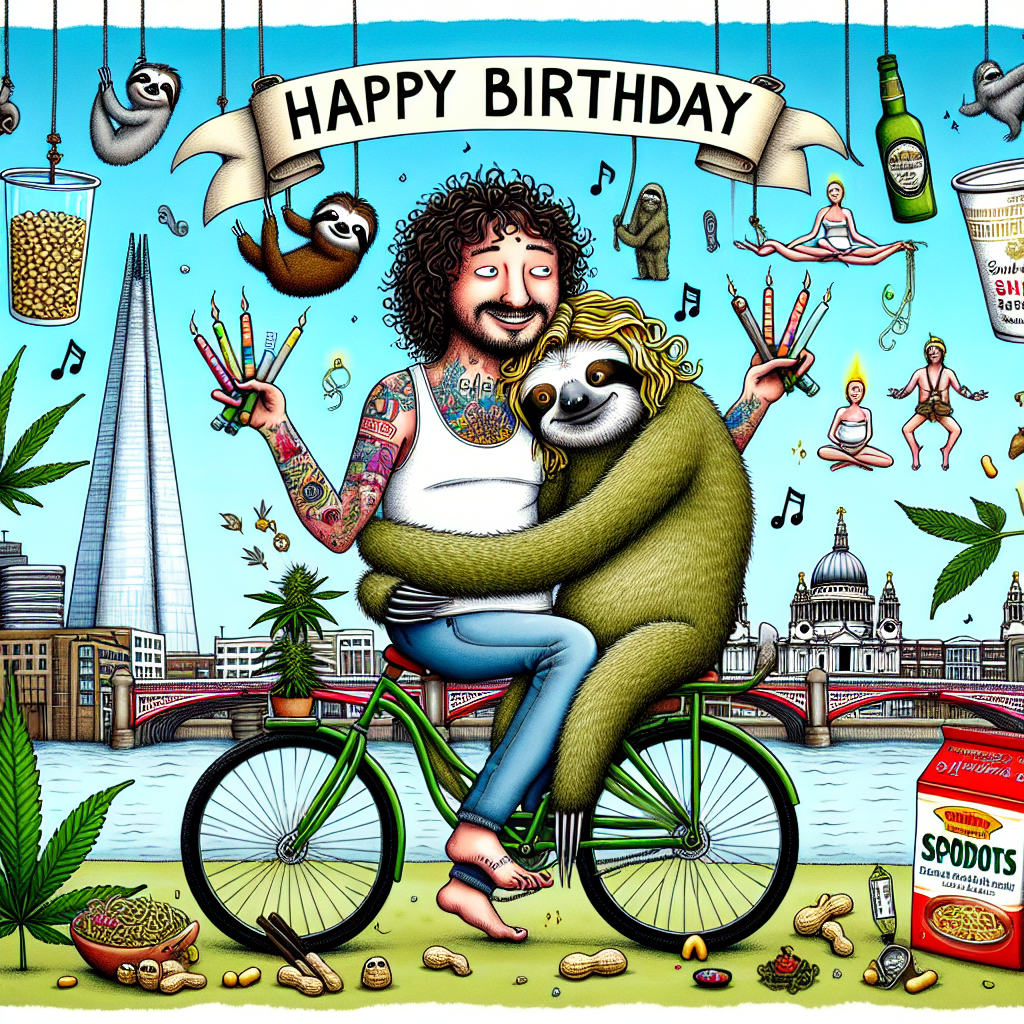 An amusing cartoon depicts a unique birthday celebration. At the core of the scene are a tall South Asian man with curly hair, sans any tattoos, snuggling with his Caucasian blonde partner, both accompanied by two endearing sloths. The duo is sat on a dual-seater green bicycle, encircled by cannabis plants and whisky bottles, alluding to their unconventional festivity. The urban scenery outlines London's remarkable landmarks such as the Shard and St Paul's Cathedral. Items like instant noodle packets, peanuts, and emblematic figures of peaceful meditation and spiritual significance are scattered around, symbolizing an easy-going and varied lifestyle. Musical notes floating in the air suggests an ongoing merriment. A 'Happy Birthday' banner at the top completes the vibrant scene.
Generated with these themes: Whisky, Cannabis, Two sloths cuddling, Meditation and spirituality, Instant noodles, Peanuts, Music, Tall indian curly hair boyfriend no tattoos and white blonde girlfriend, Happy birthday, Great view of london shard in middle and st pauls cathedral, Green bicycle , and Indian.
Made with ❤️ by AI.