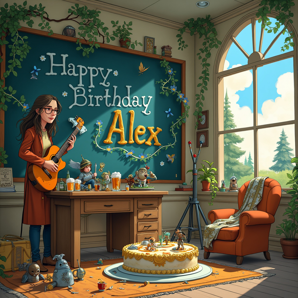 In the foreground of the illustration, envision a whimsical early years classroom that has been transformed into a fantastical Warhammer battlefield. The teacher, a commanding figure with long, flowing hair and glasses perched on their nose, stands at a toy-strewn desk. They hold a guitar like a battle-axe, the strings echoing with notes of melody and might. 

To the left of the teacher, a large birthday cake sits on a table. The cake is adorned with miniature Warhammer figures and a banner that reads "Happy Birthday Alex" in icing. The name "Alex" is artfully scripted in swirling, golden frosting and is intertwined with vines of blue and purple flowers that seem to come to life in Beatrix Potter's style.

Behind the desk, a wall-sized blackboard showcases a sprawling Warhammer battle scene, where various fantastical creatures are locked in an epic clash. Each creature, from orcs to space marines, wears expressions that echo the playful yet solemn storytelling of Maurice Sendak and Arthur Rackham.

In the middle ground, children, depicted with Quentin Blake's lively and expressive strokes, sit in small groups on a rug, engrossed in painting their own miniature figures. Some of the kids have tiny beer mugs, inspired by Norman Rockwell’s charming and nostalgic touch, albeit filled with root beer for the young ones.

Towards the back of the classroom, an Edward Gorey-esque coat rack holds an array of quirky costumes and props. Among these, an old cloak with mysterious runes, a shiny knight's helmet, and an electric guitar with stickers of mythical creatures can be seen.

The far background features large windows through which a tranquil garden is visible, with clouds in the sky subtly spelling out "Alex" in a Maxfield Parrish dream-like fashion. Gustave Doré-inspired trees with intricate foliage frame the scene, providing a grand, almost ethereal backdrop.

A cozy armchair near the corner is draped with a blanket depicting a Warhammer map, and on the armrest sits an opened book with illustrations reminiscent of N.C. Wyeth’s adventures. A pint-sized beer mug, comically large for the teacher, sits on a side table next to the armchair, hinting at a celebratory toast waiting to happen.

This intricate and engaging scene is brimming with fantastical elements and birthday cheer, all while subtly weaving the name "Alex" into its fabric in a variety of creative ways.
Generated with these themes: Warhammer, Early years Teacher , Beer, Long hair, Glasses, and Guitar.
Made with ❤️ by AI.