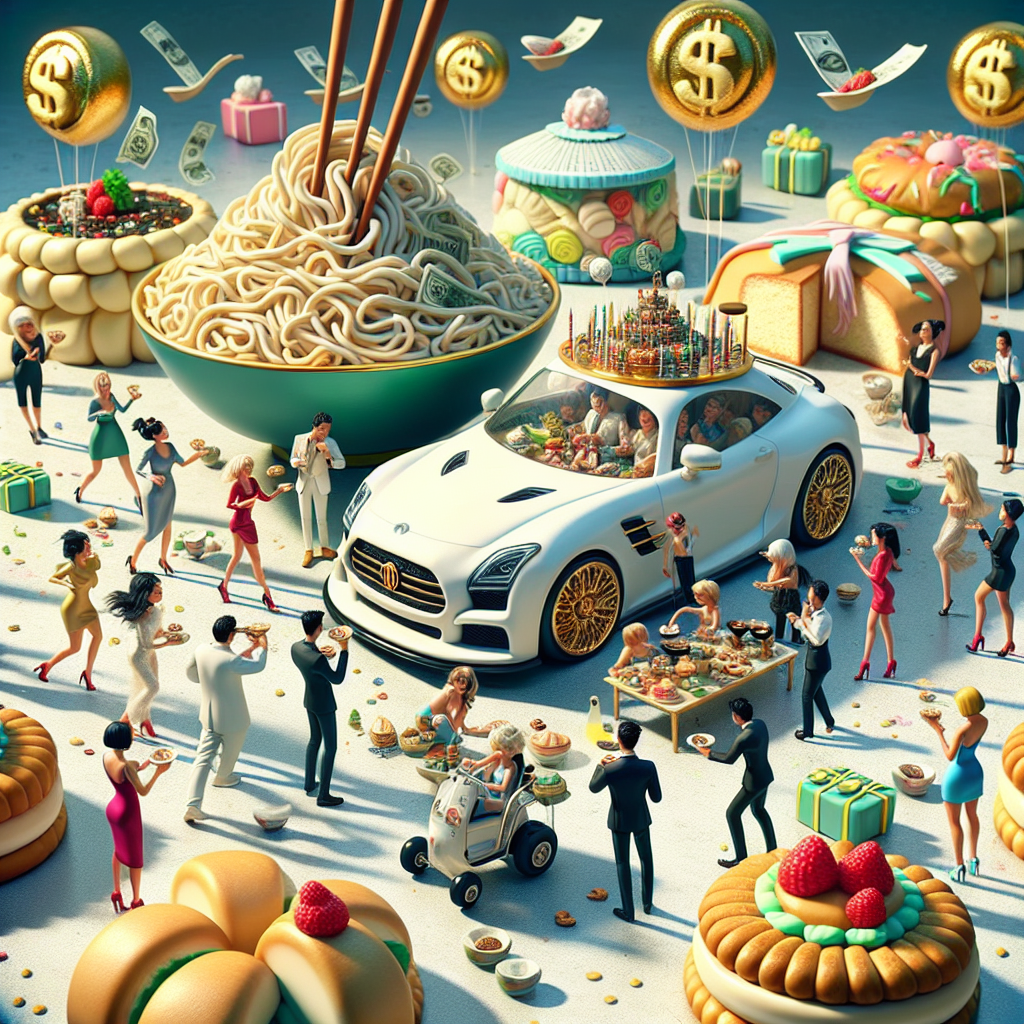 In this fantastical, surreal cartoon, a birthday celebration unfolds amidst gigantic noodle bowls and towering chopsticks. Fashion-forward guests, wearing intriguing money-themed accessories, socialize around a smooth, fondant automobile centerpiece, reminiscent of a luxury compact car, seated on a banquet table filled with frosted biscuits. Groups of party-goers cluster together, exchanging sweets beneath airborne balloons shaped like fortune cookies. Meanwhile, a lively sushi platter with wheels dashes through the scene, adding amusing chaos to this unusual, yet appetizing birthday gathering.
Generated with these themes: Fashion, Money, Biscuits, Chinese food, Audi a1, and Sweets.
Made with ❤️ by AI.
