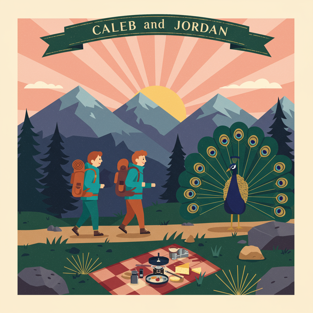 At the center of the card, depict two figures hiking along a stylized trail in Colorado. The figures, who subtly resemble Lucy and Ethel, are drawn with flat shapes and crisp lines, wearing vibrant teal and burnt orange hiking gear, each with a backpack adorned with small peacock feather patterns. 

To the left, create a background of flat, overlapping mountain silhouettes in shades of muted blues and purples, evoking the majestic Rockies. Above, a crisp, clear sky in a gradient of sunrise pinks and soft oranges stretches across the top, with a stylized sun peeking over the mountain peaks, its rays extending in geometric patterns.

On the right side, show a flat, vector-style peacock standing elegantly, its plumage in a radial array of rich emerald greens and deep indigo blues, with gold accents, echoing the Art Deco movement. The peacock's gaze is directed toward the two hikers, tying it into the scene.

Below the hiking path, illustrate a small cooking area with minimalistic vector shapes—a picnic setup with a blanket in geometric plaid patterns of burgundy and cream, a skillet on a tiny portable stove, and a few simple food items like bread and cheese, drawn with clean lines and subtle shadows for depth.

Finally, integrate a banner stretching across the top third of the card, floating among the mountain tops. The banner is crafted in a clean, sans-serif font with the words "Caleb and Jordan" in bold, deep forest green, harmonizing with the natural palette and drawing attention with its clarity.

This scene uses the clean vector style and flat shape inspiration from artists like Yulia Sokolova and Malika Favre, with attention to detail and color that channels Von Glitschka and Matt W. Moore.
Generated with these themes: Hiking in Colorado , Lucy and Ethel, Peacocks, and Cooking together.
Made with ❤️ by AI.