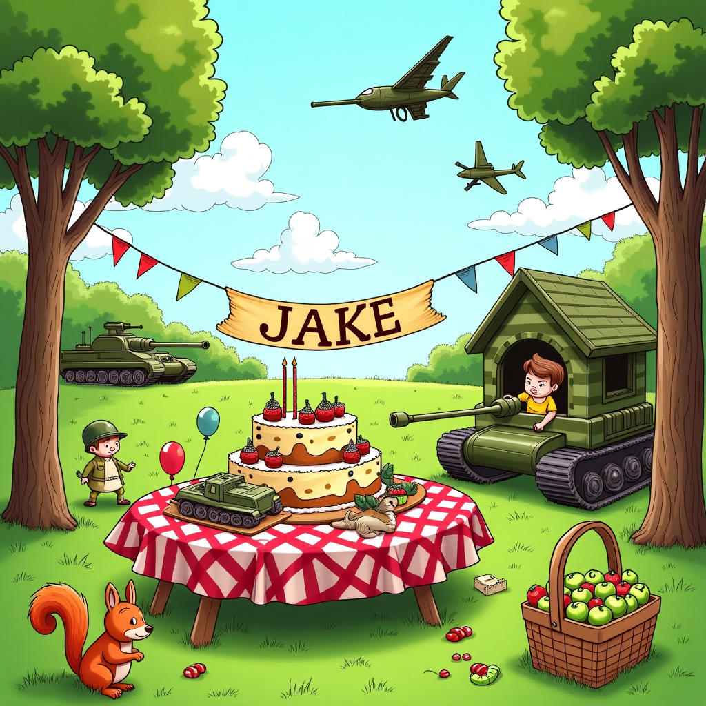 In the foreground, create a bustling birthday party scene in a cartoonish, detailed, hand-drawn style reminiscent of Quentin Blake’s lively illustrations and Maurice Sendak's intricate detail. Imagine a whimsical picnic setting in a lush green park, with a red and white checkered tablecloth spread across a wooden picnic table. The table is crowded with a medley of bright, vividly colored items: a three-tiered cake decorated with tiny tanks and camouflage-patterned frosting, colorful streamers cascading from the edges, and an array of multicolored balloons tethered to it.

Incorporate the U.S. army theme subtly yet humorously. A small, comically drawn toy soldier army stands at attention around the cake, their tiny plastic weapons raised in salute. Nearby, an inflatable camouflage-patterned bounce house is shaped like a tank, with children bouncing inside, peeking out through the turret with gleeful expressions.

To the side, draw a banner strung between two trees, whimsically fluttering in the breeze, with the name "Jake" boldly illustrated in a playful font, reminiscent of Edward Gorey's lettering style, across its length. The letters could be designed to look like they're formed from tiny toy guns and army helmets.

Background elements include a gently rolling grassy hill with a couple of vividly drawn, cartoonish trees whose leaves mimic the circular, detailed patterns seen in Beatrix Potter’s works. In the sky, depict fluffy clouds shaped like various army equipment—tanks, helicopters, and jeeps—drifting lazily against a bright, azure blue sky, channeling the dream-like quality of Maxfield Parrish's skies.

Incorporate a small picnic basket to the side, its lid open to reveal toy grenades fashioned from bright green apples and a plastic U.S. army helmet turned upside down, holding a heap of candy. Small, playful details such as a camouflage-patterned party hat perched on a curious squirrel and a kite flying overhead, shaped like a military jet, further enhance the theme in a light-hearted manner, reflecting the vibrant and slightly surreal storytelling of N.C. Wyeth.
Generated with these themes: U.S army weapons.
Made with ❤️ by AI.