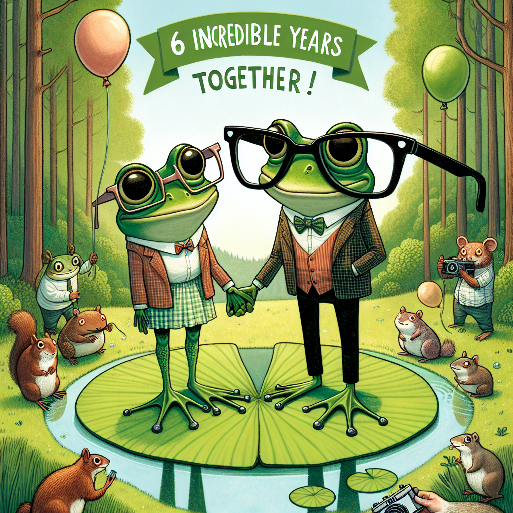 A comedic and charming illustration celebrating a 6-year anniversary in the forest. Two frog partners stand in a clearing, holding hands and wearing exceptionally large glasses. The phrase '6 Incredible Years Together!' is written with a playful touch in the sky above them. A group of woodland animals have come to participate in the celebration, some even managing to hold onto balloons, while a mischievous squirrel is pictured taking a photograph of the event. The frogs' stage is a lily pad-shaped rug that ties the entire scene together into a whimsical, festive woodland anniversary party.
Generated with these themes: Frogs, Woodland, and 6 years.
Made with ❤️ by AI.
