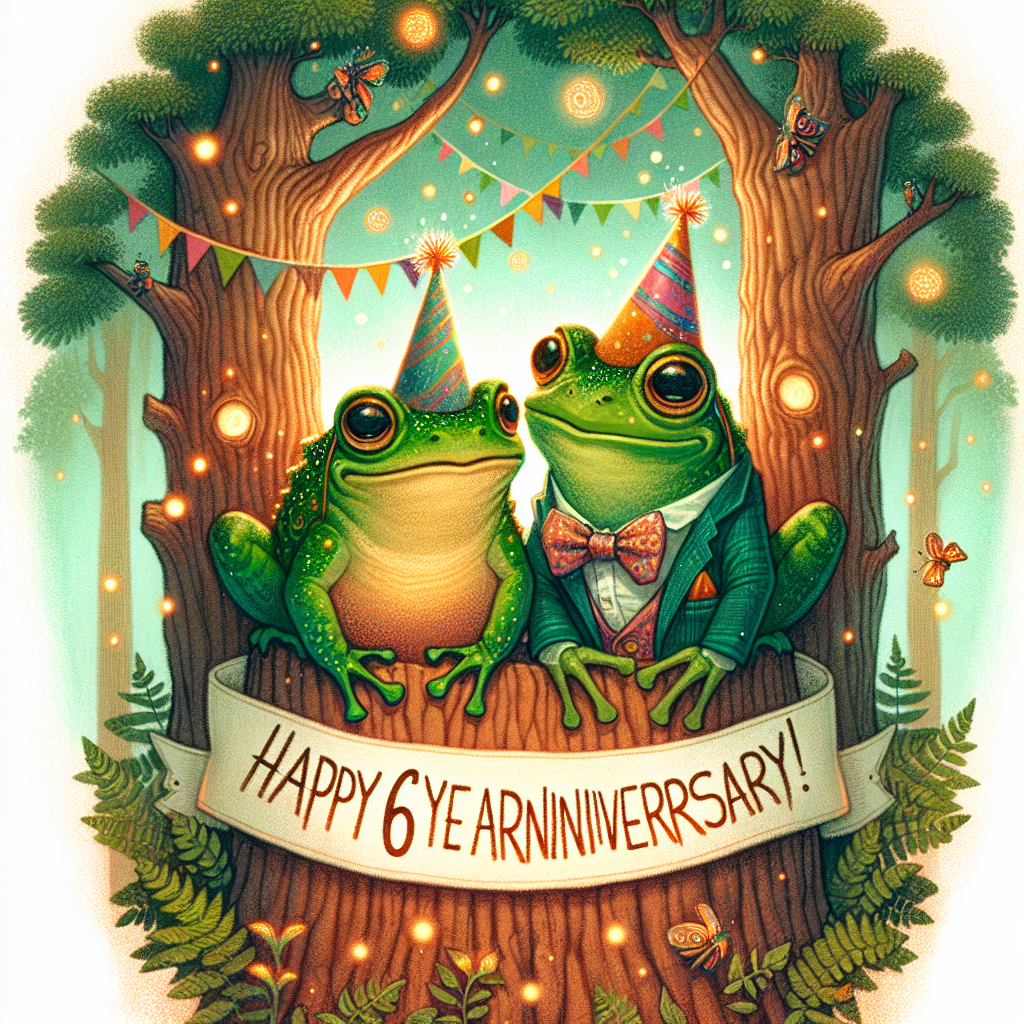 A playful illustration commemorating a 6-year anniversary, centering on two jubilant frogs. One amphibian is distinguished by a diminutive party hat, while the other showcases a bow tie. The frogs are nestled within an imaginative forest setting, with trees garnished by vibrant banners. The gregarious greeting 'Happy 6th Anniversary!' is carved into the tree bark in a jocund manner. Fireflies contribute splatters of glitter around the frogs, bolstering the festive ambiance.
Generated with these themes: Frogs, Woodland, and 6 years.
Made with ❤️ by AI.