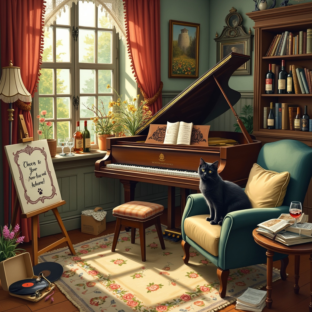 Picture a cozy, whimsically detailed living room that tells the tale of a joyous achievement—a new home celebration. In the center of the scene is a gleaming grand piano, its dark mahogany surface polished to perfection, with a bouquet of wildflowers atop it, adding a splash of color. A plush, overstuffed armchair, draped with a tartan blanket, is positioned beside the piano, and a black cat, sleek and shiny with an elegant, slightly mischievous demeanor, is perched on the armrest. 

In the background, there's an ornate bookshelf, overflowing with classic literature and a couple of vintage vinyl records peeking out. A record player, reminiscent of Quentin Blake’s illustrative touch, sits on a side table, a record spinning to fill the room with joyous tunes. 

On the wall behind the piano, a window with billowing lace curtains lets in the golden light of a late afternoon. Outside, you can see the edges of a charming garden with vibrant flowers, inspired by Beatrix Potter’s delicate flora. To the left of the piano, a small table is adorned with a variety of wine bottles, their labels playfully illustrated, and an oversized wine glass filled to the brim. 

An easel in the corner displays a congratulatory message written in elegant script: "Cheers to Your New Home and Achievement!" Scattered on the floor are unpacked moving boxes, one labeled with a hand-drawn cat paw print and another spilling out sheet music, indicating a recent move and a passion for music.

The scene brims with delightful details: a vintage lamp with a tasseled shade, a patterned rug with whimsical designs, and a playful mouse hole near the baseboard, an homage to Arthur Rackham’s fanciful touch. Each element contributes to a rich tapestry, celebrating the convergence of a new home, a beloved pet, fine wine, and joyful music, telling a story of warmth and accomplishment.
Generated with these themes: New home, Black cat, Wine, and Music.
Made with ❤️ by AI.