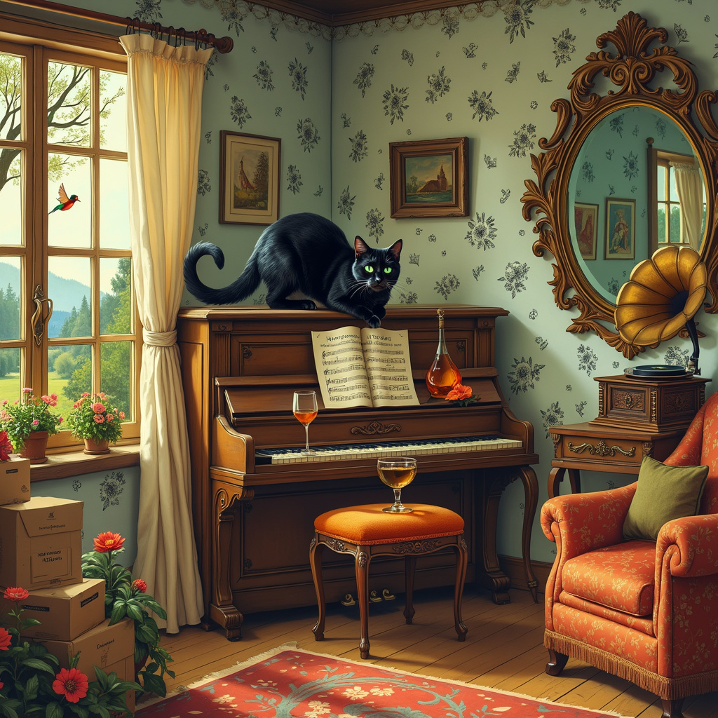 Imagine a delightful front cover scene set in a whimsical living room of a newly purchased home. The room is brimming with charm and character, reminiscent of a Norman Rockwell painting with a touch of Quentin Blake's playful chaos. 

In the center of the scene, a plump, black cat with a mischievous glint in its emerald eyes is perched atop a grand piano, its tail curling around a half-full wine glass precariously balanced on the edge of the piano lid. The piano, an elegant and slightly battered upright with a warm mahogany finish, stands against a wall adorned with quirky, Aubrey Beardsley-inspired wallpaper featuring intricate black and white patterns.

On the piano bench, a bottle of wine with a whimsical label that reads "Cheers to New Beginnings!" is placed next to an open sheet of music. The music notes seem to dance off the page, taking inspiration from Maurice Sendak's lively and imaginative illustrations, swirling into the air and around the room.

In the background, a large, sun-dappled window framed by fluttering lace curtains offers a glimpse of an idyllic garden, filled with Arthur Rackham-esque gnarled trees and flowering plants. Outside, a colorful bird, in a style reminiscent of Beatrix Potter, sings joyfully on a tree branch.

A cozy, Edward Gorey-inspired armchair with intricate upholstery sits nearby, next to a Maxfield Parrish-styled side table. The table holds a vintage phonograph, its horn painted in deep golds and reds, playing a cheerful tune. Scattered around the room are moving boxes with playful labels like "Wine Glasses (Fragile)", "Cat Toys", and "Vinyl Records."

Hanging on the wall, a Gustave Doré-inspired ornate mirror reflects the scene, capturing every whimsical detail in its intricately carved frame. The entire room is a celebration of eclectic tastes and joyful chaos, each element telling the story of a new home, a mischievous black cat, a love for wine, and the joy of music.
Generated with these themes: New home, Black cat, Wine, and Music.
Made with ❤️ by AI.