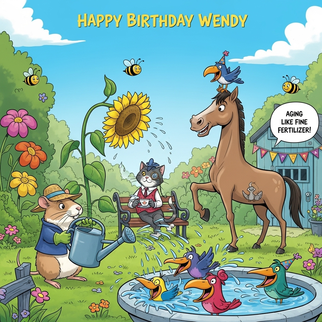 At the top of the Cartoon Style image, write: "Happy Birthday Wendy"

**Image Description:**

Imagine a vibrant cartoon scene set in a whimsical garden, bustling with quirky animal characters. In the center, a curious gerbil wearing a tiny straw hat and oversized gardening gloves holds a comically large watering can, attempting to water a towering sunflower that's humorously tilting away. Beside the gerbil, a sophisticated cat, donning a monocle and a dapper vest, lounges elegantly on a small garden bench, sipping tea from a delicate cup.

Nearby, a playful horse with exaggeratedly long legs prances joyfully around a birdbath, sending splashes everywhere as colorful birds, with comically large beaks, flit around it trying to keep their feathers dry. One cheeky bird balances on the horse's head, wearing a miniature party hat, adding to the merriment.

The garden is a kaleidoscope of colors with oversized, fantastical flowers and buzzing cartoon bees with cheeky grins. In the background, a little garden shed is decorated with bunting that spells out, "Aging like fine fertilizer!" in a playful font, adding a humorous touch to the scene.
Generated with these themes: Gerbils, cats, horses, gardening, birds, and .
Made with ❤️ by AI.