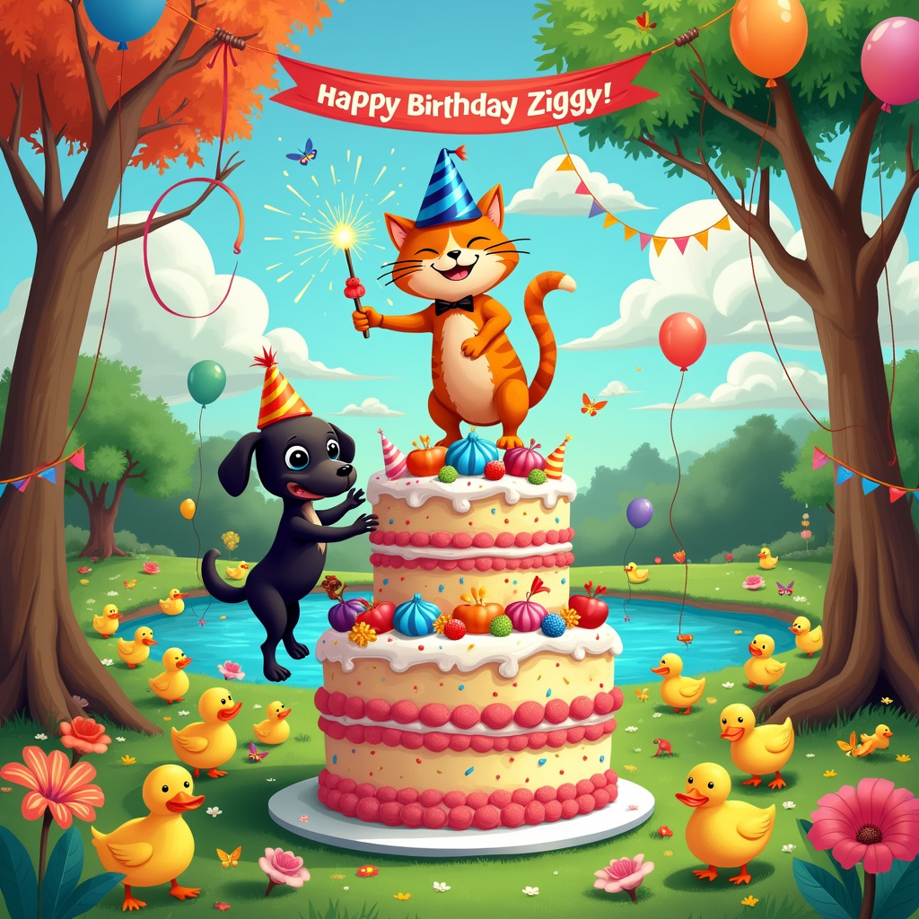Sure thing! Let's dive into the whimsical world of Ziggy's birthday bash:

The front cover of the birthday card bursts with vibrant color and quirky detail, channeling the playful and surreal energies of some of the greatest comic artists. At the center of the scene, a jovial ginger cat named Mr. Whiskers, adorned with a blue party hat tilted jauntily to one side, is balancing on his hind legs atop a giant, multi-layered birthday cake. The cake is decorated with an array of colorful icing, sprinkles, and topped with sparklers that shoot out glittering sparks.

Perched precariously on the cake beside Mr. Whiskers, a mischievous black cockapoo named Scruffy is caught mid-leap, attempting to snatch a floating balloon. The balloon, shaped like a duck and tied with a bright red string, is one of many. In fact, there are a gaggle of ducks waddling around the base of the cake, each wearing tiny, comical party hats. One particularly adventurous duck is pecking at a fallen slice of cake, while another seems to be engaged in a spirited quack-off with a party horn.

In the background, a lush, cartoonish park scene sprawls out. Giant, whimsical flowers dot the grassy landscape, and a shimmering pond filled with more animated ducks provides a lively backdrop. Ziggy's name is spelled out in large, fluffy clouds that float lazily in the sky, each letter dotted with small birds and butterflies that add to the festive atmosphere.

Above it all, a cheerful "Happy Birthday, Ziggy!" banner stretches across the top of the scene, hung between two trees adorned with twinkling fairy lights and colorful bunting. Balloons of various shapes and sizes drift around the banner, completing the vibrant and joyful scene.

The entire illustration is brimming with action and detail, drawing the eye to every corner of the card, making it a perfect, personalized birthday greeting for Ziggy.
Generated with these themes: Ginger cat, Black cockapoo, Cake, and Ducks .
Made with ❤️ by AI.