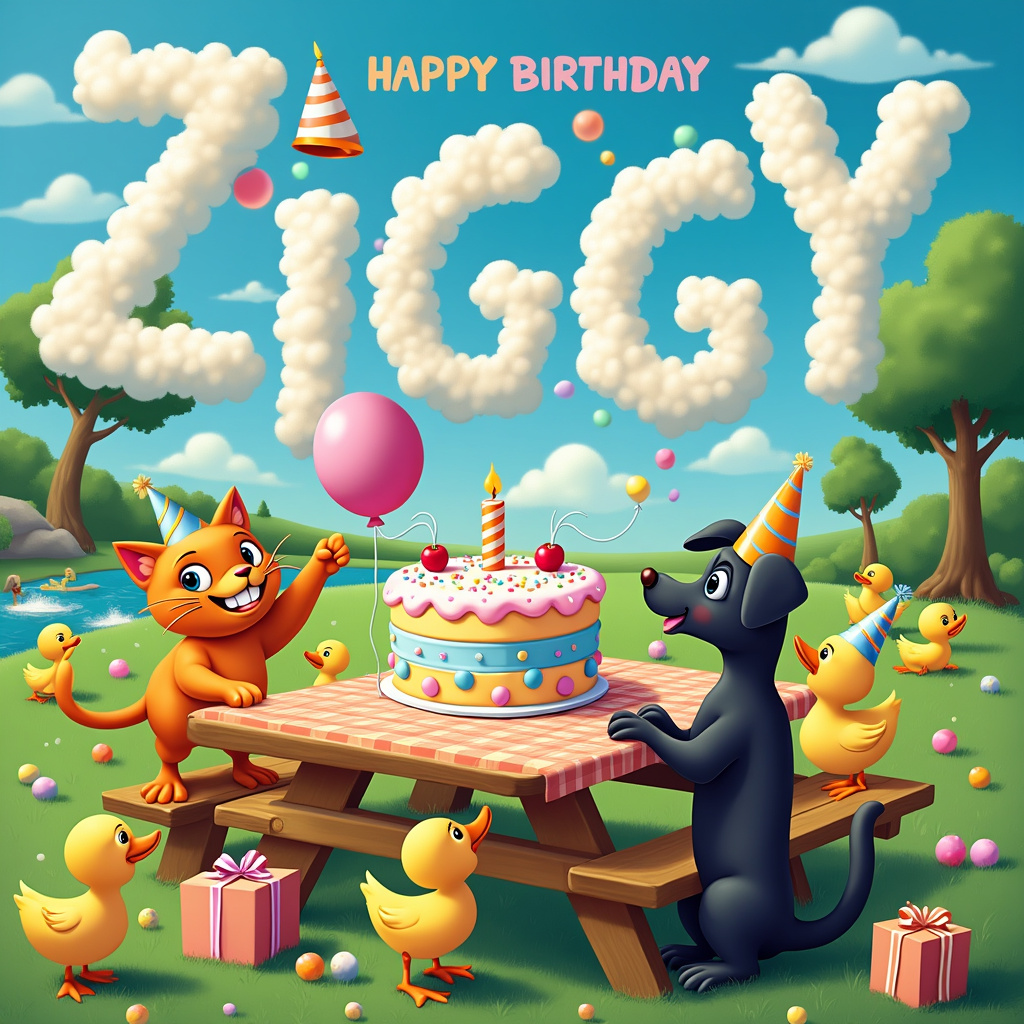In this vibrant and whimsical birthday scene, a lively party is taking place in a sunlit, green meadow with a blue sky dotted with fluffy clouds. The foreground features a large, colorful birthday cake perched atop a wooden picnic table covered with a cheerful checkered tablecloth. The cake has multiple layers with pastel-colored icing and is adorned with whimsical, cartoonish decorations like oversized sprinkles, cherries, and a large candle on top. 

A ginger cat, with wide, curious eyes and a mischievous grin, is perched on the table's edge, stretching out a paw to swipe at the cake. Next to the table, a black cockapoo with floppy ears and a wagging tail is standing on its hind legs, seemingly offering the cat a brightly wrapped gift in its mouth.

Around the picnic table, a group of ducks in party hats are engaged in various antics. One duck is blowing a party horn, another is holding a balloon that floats high into the sky with "Happy Birthday Ziggy" written on it. A particularly adventurous duck is balancing on one leg while trying to juggle tiny, colorful balls, and another duck is peeking out from behind the table, looking longingly at the cake.

In the background, the name "Ziggy" is creatively incorporated into the scene as fluffy, white clouds spelling out "Ziggy" across the clear blue sky. Beneath the cloud letters, there’s a picturesque pond where a few more ducks are splashing and playing.

Additional details include a few gift boxes scattered around the picnic table, each wrapped in vibrant paper with oversized bows, and a banner strung between two nearby trees that reads "Happy Birthday Ziggy" in festive, colorful letters.

This delightful and bustling birthday scene captures the essence of a joyous celebration with playful characters and vivid details, creating a memorable and personalized birthday greeting for Ziggy.
Generated with these themes: Ginger cat, Black cockapoo, Cake, and Ducks .
Made with ❤️ by AI.