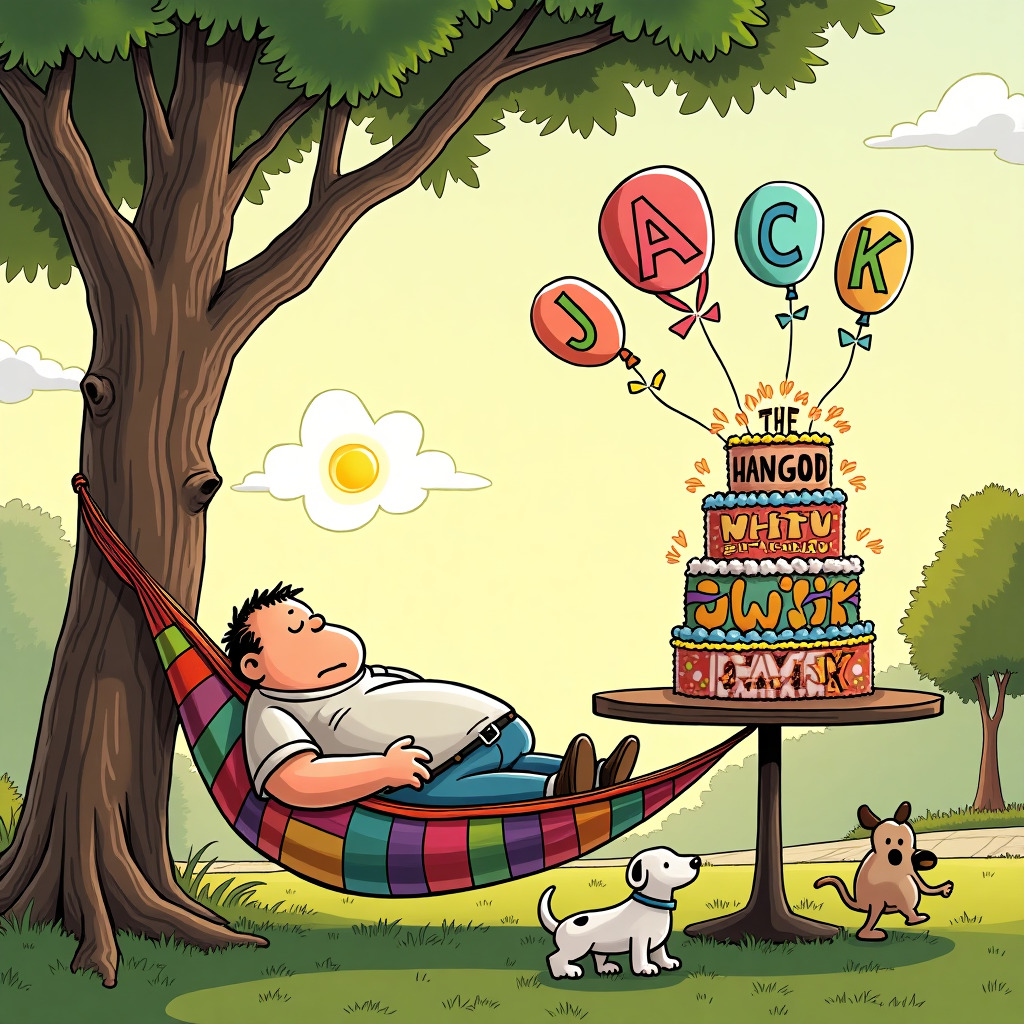 In this whimsically illustrated birthday card, the scene unfolds on a lazy Sunday afternoon in a small suburban park. Picture a rotund, cartoonish man snoozing away in a hammock strung between two large, gnarled oak trees, reminiscent of Bill Watterson's playful pen lines. His hammock is decorated with a patchwork quilt of brightly colored fabric swatches—each square sporting a different pattern, from polka dots to stripes, as if to suggest the lazy man's dreamland is as varied as it is vibrant. A soft, cartoonish sun hovers in the sky, its rays resembling the warm hues from a Disney film, casting a gentle glow over the scene.

In the background, children playfully fly kites, reminiscent of Peanuts' iconic kite-eating tree, with one kite tangled comically among the branches. In a clever nod to Hergé, a small white dog (looking suspiciously like Snowy from Tintin) tugs at the man's dangling shoelace, trying to rouse him from his slumber.

The pièce de résistance of this scene is a towering, multi-layered birthday cake perched on a nearby picnic table. The cake, lavishly adorned with a rainbow of icing and topped with sparklers, has the name "Jack" artfully written across its side in a bold, playful font akin to graffiti, reminiscent of R. Crumb's eclectic style. The letters are styled as if made from blocks of chocolate, gleaming enticingly in the sunlight.

Floating above the scene are clouds whimsically shaped like balloons, each one displaying a letter that collectively spell out "HAPPY BIRTHDAY JACK" in the sky. This playful homage to Winsor McCay ensures that even the heavens are celebrating Jack's special day. As the sparklers fizz and the clouds drift, the lazy man continues to nap peacefully, oblivious to the joyful chaos surrounding him—a perfect blend of whimsical elements inspired by the greats of cartoon art.
Generated with these themes: Lazy man.
Made with ❤️ by AI.