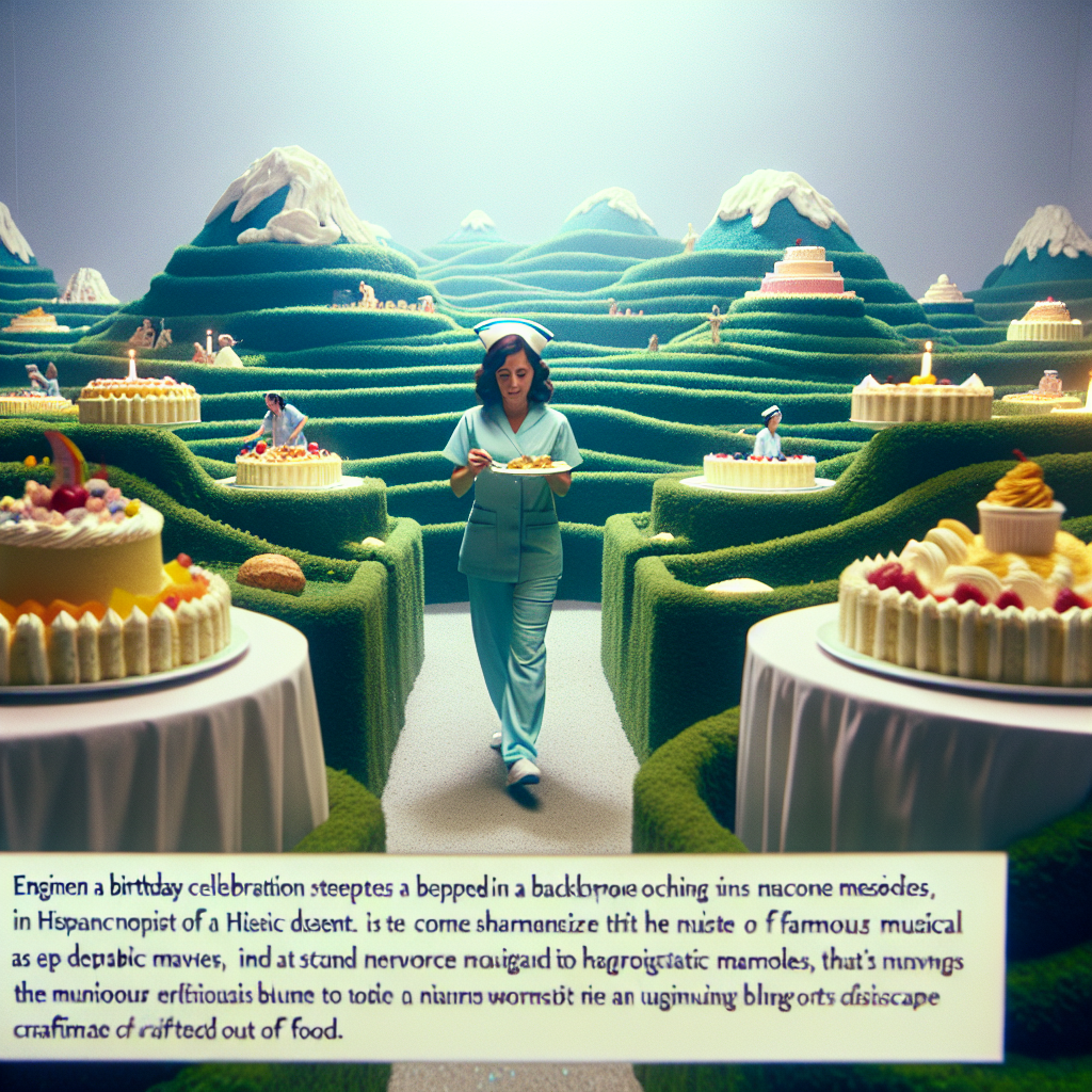 Envision a birthday celebration steeped in a backdrop echoing melodies reminiscent of an iconic musical. The central figure, a female nurse of Hispanic descent, is the guest of honor and is seen meandering through a corridor of edible marvels. Each station mirrors a picturesque hill, evoking memories of a famous musical's scenic landscapes. As she moves, she comes across gastronomic wonders that seem to harmonize with the cherished soundtrack, crafting an unusual blend of her realistic profession with the fantasy of navigating a dreamscape crafted out of food.
Generated with these themes: The Sound of Music , Nurse, Walking , and Food.
Made with ❤️ by AI.