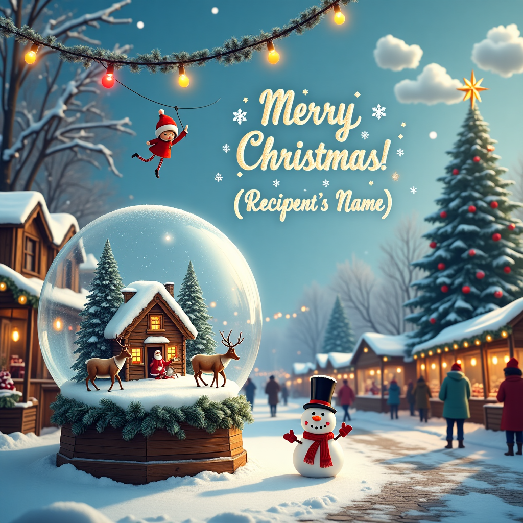 The scene is set in a snowy winter wonderland at the edge of a bustling Christmas market. In the foreground, a giant snow globe rests on a wooden stall, its base adorned with festive garlands of pine and holly. Inside the snow globe is a cozy log cabin, with a miniature Santa Claus waving from the porch. Surrounding the cabin, tiny, realistic reindeer prance joyfully through a flurry of glittering snowflakes suspended in mid-air. Behind the snow globe, strings of colorful Christmas lights crisscross above the market, casting a warm glow over the cobblestone street below. Shoppers bustle around in cheerful chaos, bundled in winter coats and scarves, some carrying steaming mugs of hot cocoa and others with candy canes peeking out of their pockets.

In the sky above this lively scene, fluffy clouds are arranged to spell out "Merry Christmas, [Recipient's Name]!" in an elegant script, the letters dusted with a sprinkle of twinkling stars. A pair of mischievous elves hang from the strings of lights, adding a touch of whimsy, while a cheeky snowman stands beside the snow globe, wearing a top hat and a carrot nose, giving a thumbs up as if approving of the festivities. In the background, a towering Christmas tree, decorated with oversized ornaments and a shining star on top, completes the enchanting scene, embodying the holiday spirit in all its glory.
Generated with these themes: B3er.
Made with ❤️ by AI.