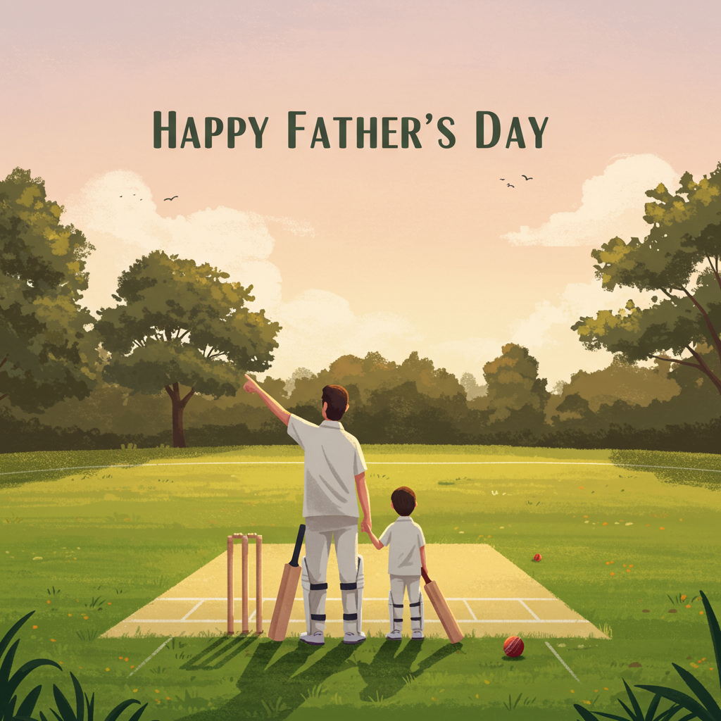 At the top of the Illustration Style image, place the text: "Happy Father's Day".

**Image Prompt:**

Imagine a serene cricket field bathed in the warm glow of a late afternoon sun. In the foreground, a father and child stand side by side, each gripping a cricket bat. The father, with a gentle smile, points out to the open field, perhaps explaining the intricacies of the game. The child looks up with admiration, hanging on every word. Behind them, a lush green pitch stretches out, with wickets neatly arranged and a ball lying nearby, hinting at a recent game. Surrounding the field, majestic oak trees offer shade, their leaves rustling gently in the breeze. The sky above is a tapestry of pastel hues, as if painted with delicate brush strokes, capturing the essence of a perfect day spent bonding over the love of cricket.
Generated with these themes: Cricket, and .
Made with ❤️ by AI.