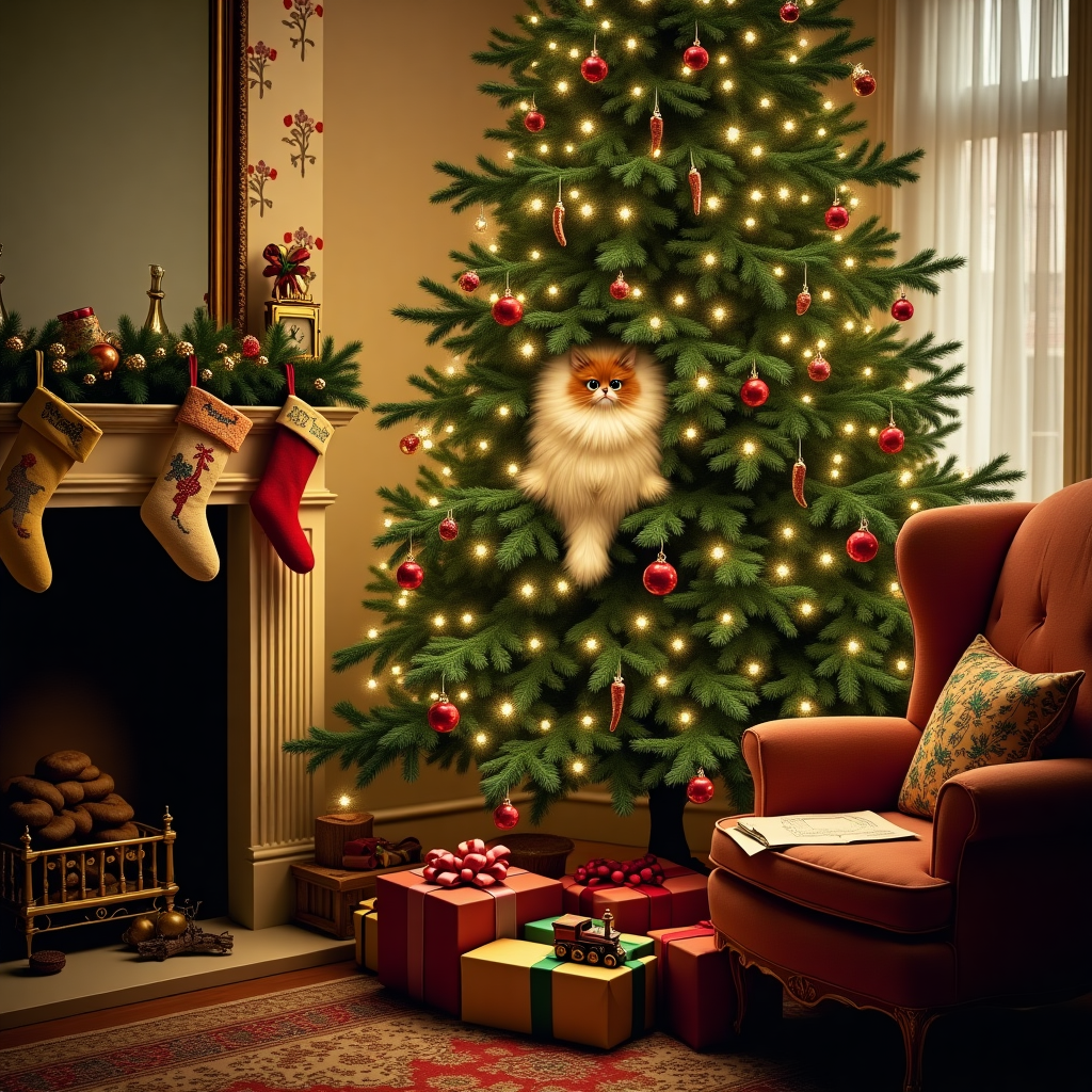 In the heart of a cozy, Victorian-style living room, a grand Christmas tree reaches towards the ceiling, adorned with twinkling fairy lights and vintage glass ornaments, each reflecting the soft glow of a nearby fireplace. Nestled comfortably within the boughs of the tree, a plush, whimsically wide-eyed ragdoll cat peeks out between the branches. Its long, luxuriously fluffy fur catches the shimmering lights, creating an almost magical aura around it. The tree's lower branches bend slightly under the weight of this feline explorer, whose tail dangles playfully, nearly brushing the tops of elegantly wrapped presents below.

To the left of the scene, an ornate, gold-framed mirror hangs on a wall papered in a delicate, floral pattern reminiscent of Beatrix Potter’s quaint English countryside. The reflection captures a glimpse of a vintage clock on the mantelpiece, its hands nearing midnight, hinting at the magical moment when Christmas Eve becomes Christmas Day. A set of embroidered stockings hang from the mantel, each with a different character from Maurice Sendak’s whimsical tales, waiting to be filled.

Beneath the tree, the presents are wrapped in richly textured papers in hues of deep red, forest green, and gold, tied with satin ribbons that cascade in elegant curls onto the floor. A tiny wooden train circles the base, its engine caught mid-puff of a pretend steam cloud, a nod to Edward Gorey’s fantastical, intricate illustrations.

On the right, a cushioned armchair is pulled up to a small, round table where a forgotten plate of half-eaten gingerbread cookies rests, dusted with sugar and surrounded by a few stray crumbs. Beside it, a handwritten letter to Santa, penned in a child’s earnest scrawl, lies open, its corners curled from the warmth of the fire.

The scene captures a snapshot of Christmas wonder, inviting the viewer to imagine the stories that unfold in the stillness of this enchanting holiday tableau.
Generated with these themes: Ragdoll cat in Christmas tree.
Made with ❤️ by AI.