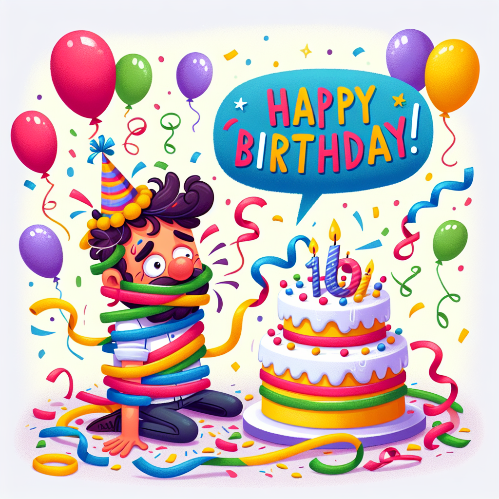 In this charming illustration, a funny boyfriend character is comically tangled in streamers with a party hat askew on his head, while the 'Happy Birthday' text floats above like a speech bubble amid a shower of balloons and cake.
Generated with these themes: funny boyfriend  .
Made with ❤️ by AI.