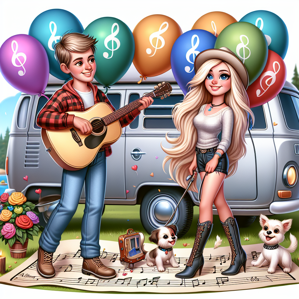A whimsical anniversary cartoon scene featuring an illustrated long, blonde-haired musician, strumming a guitar beside a cozy camper van, with adorable cartoon dogs frolicking around. She's characterized to be tall, slender, and charismatic like a popular female singer, without being that specific person. Colorful balloons adorned with treble clefs float above as the couple, where one person is Caucasian depicting her descent, stands on a map etched ground, with notable travel landmarks in the background, showcasing their love for adventure and exploration.
Generated with these themes: Taylor swift, Dogs, Travel, and Adventure.
Made with ❤️ by AI.