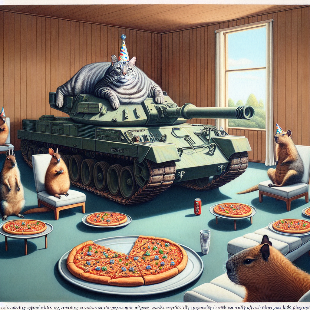 A room presents a surreal mix of real and fantastical elements. A birthday party is ongoing, transcending the parameters of usual affairs. A huge cat wearing a party hat lounges indolently on a large, out-of-service military tank used as an alternative seating. Around the lounging cat are plates filled with hot pizza, intriguingly altered toppings that fluctuate subtly each time you look at them. Socializing in the room, capybaras sporting small bows tie interact with surprised-looking wallabies, their padded feet beating rhythmically to the music flowing from the remodeled barrel of the tank, which is now an unconventional sound system.
Generated with these themes: Cat, Tank, Pizza, Capybara, and Wallaby.
Made with ❤️ by AI.