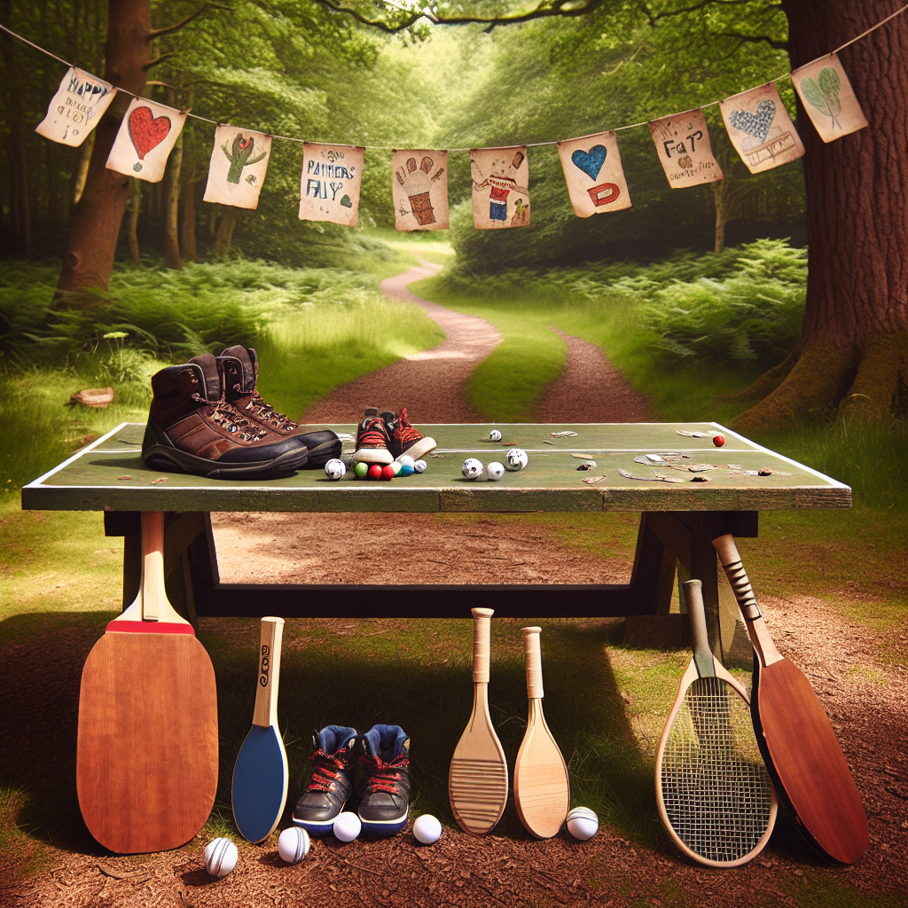 An outdoor setting portraying a charming woodland clearing, with a large picnic table at its center dressed in heartwarming Father's Day decorations. Beside the starting point of a well-traveled trail, four pairs of hiking boots are neatly organized, alluding to the adventuring family that has momentarily paused for celebration. Resting on the table, there's a glossy table tennis paddle, an affectionately worn football, and a cricket bat, each telling a tale of its own. A banner hangs high above the table, blowing lightly in the wind, adorned with childlike handprints and whimsical doodles as a testament to a father's shared love for sports and nature.
Generated with these themes: Hiking, Table tennis , Football , and Cricket.
Made with ❤️ by AI.
