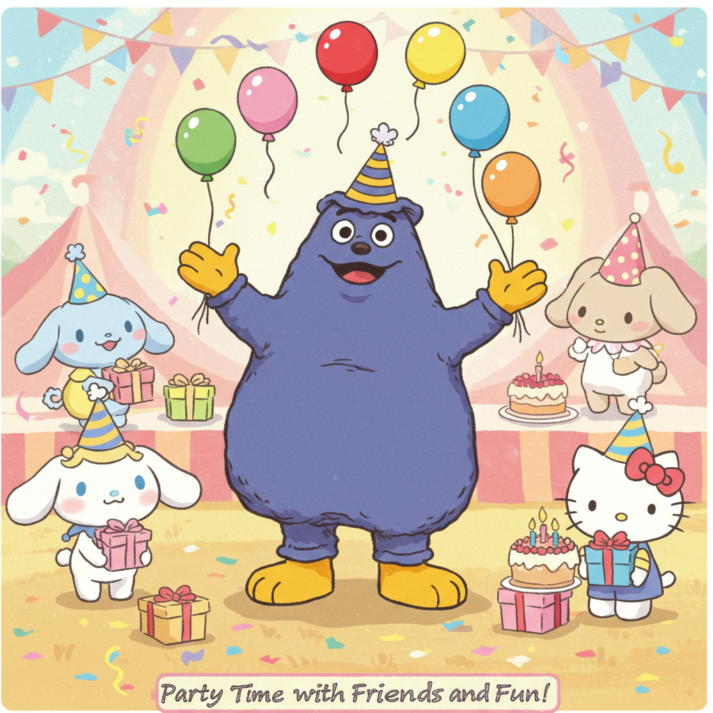 At the top of the Cartoon Style image, place the text: "Ophelia’s Birthday Party".

Create a whimsical birthday scene with Grimace from McDonald's joyfully juggling colorful balloons while wearing a party hat. Surround Grimace with an adorable gathering of Sanrio characters: Cinnamoroll, Kuromi, and Hello Kitty. Each character is dressed in festive attire and holding a small, vibrant gift. Hello Kitty can be holding a small cake with a single candle. The background is a bright, cheerful carnival with pastel-colored streamers and confetti raining down. Add a playful caption below the image: "Party Time with Friends and Fun!"
Generated with these themes: Grimace, McDonald’s, cinnamoroll , Kuromi, hello kitty , Sanrio , and .
Made with ❤️ by AI.