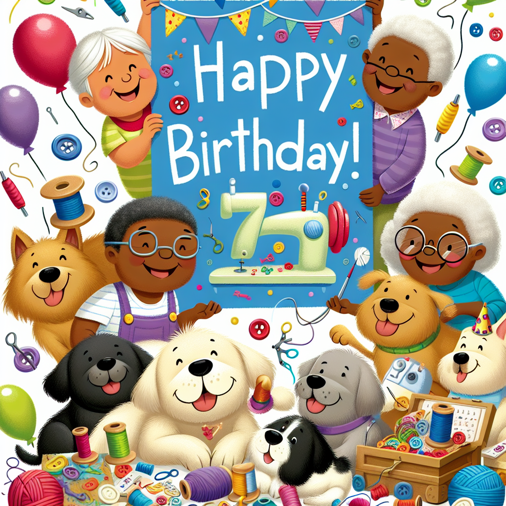 Create an image showing a comforting birthday celebration scene focused on the age 70. The illustration should include a mix of playful dogs of different breeds, signifying loyal companionship. Interspersed among the dogs, incorporate various sewing items such as threads, needles, and buttons, indicating an interest in craftmanship. Amid this delightful confusion, depict two smiling grandsons, one Black and one Hispanic, carrying a banner pronouncing 'Happy 70th Birthday!'. This scene should take place against a background filled with balloons and confetti, adding an exuberant, personal touch to the celebration.
Generated with these themes: Dogs, Sewing, Grandsons, and 70.
Made with ❤️ by AI.