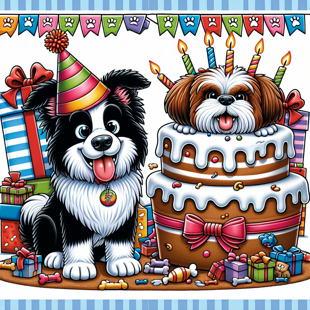 Portray a playful scene in a humorous cartoon style. A cheerful Border Collie wearing a brightly striped birthday hat is standing next to a towering pile of creative gift wraps. Beside it, a lively Shih Tzu is popping out of a gigantic birthday cake, with icing smeared over its fur in a mischievous manner. The entire scene is surrounded by a festive border that's created by an interesting layout of paw prints and bones, hence keeping the birthday atmosphere intact.
Generated with these themes: Border collie, and Shih tzu.
Made with ❤️ by AI.