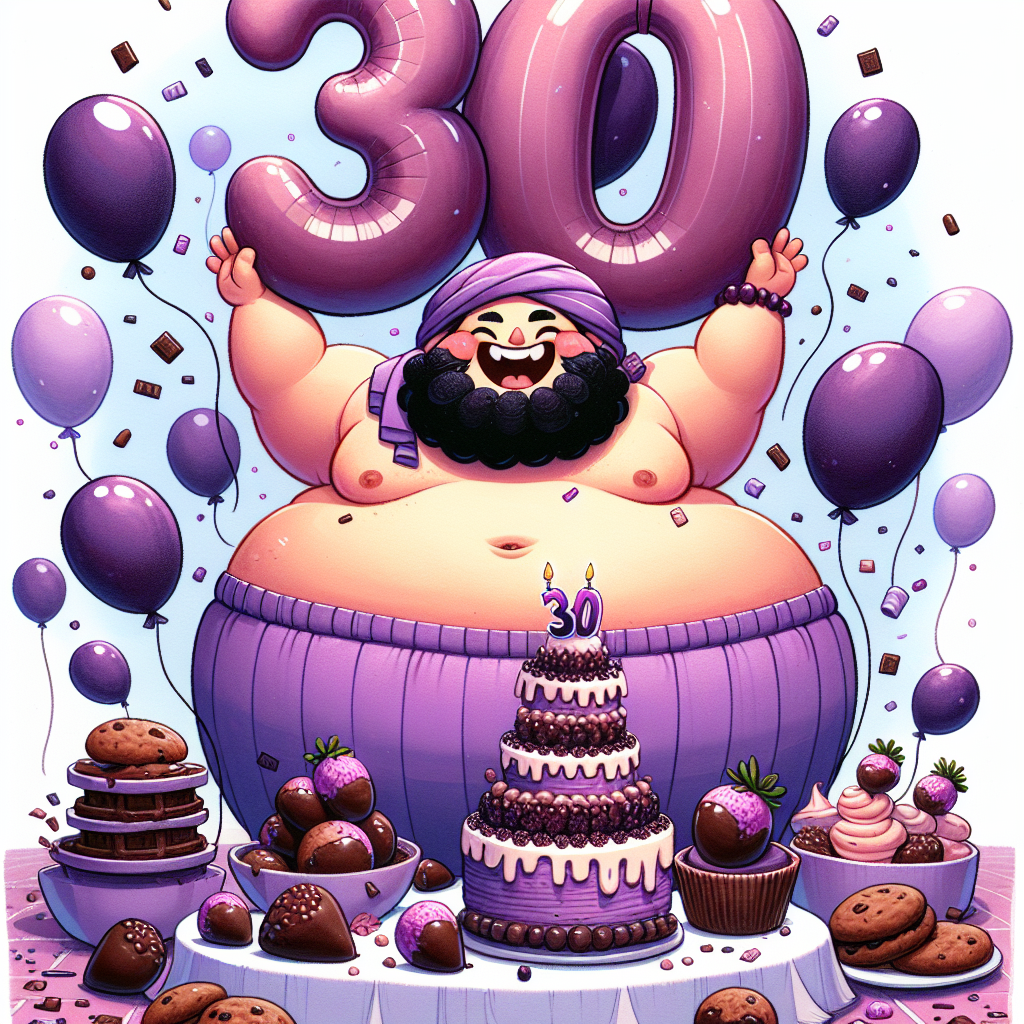 Illustrate a whimsical birthday card featuring a cheery, chunky cartoon character of ambiguous gender and Middle-Eastern descent, grinning wide as they lift a giant, purple '30' balloon overhead. They are surrounded by a cascade of smaller balloons in various shades of lavender and violet. The scene also includes a table below, laden with various chocolate treats. These treats include luscious chocolate-covered strawberries, chunky chocolate chip cookies, and a grand three-tiered birthday cake. The cake is adorned with purple buttercream frosting and drizzled with a thick coating of chocolate ganache.
Generated with these themes: 30th, Purple, and Chocolate.
Made with ❤️ by AI.